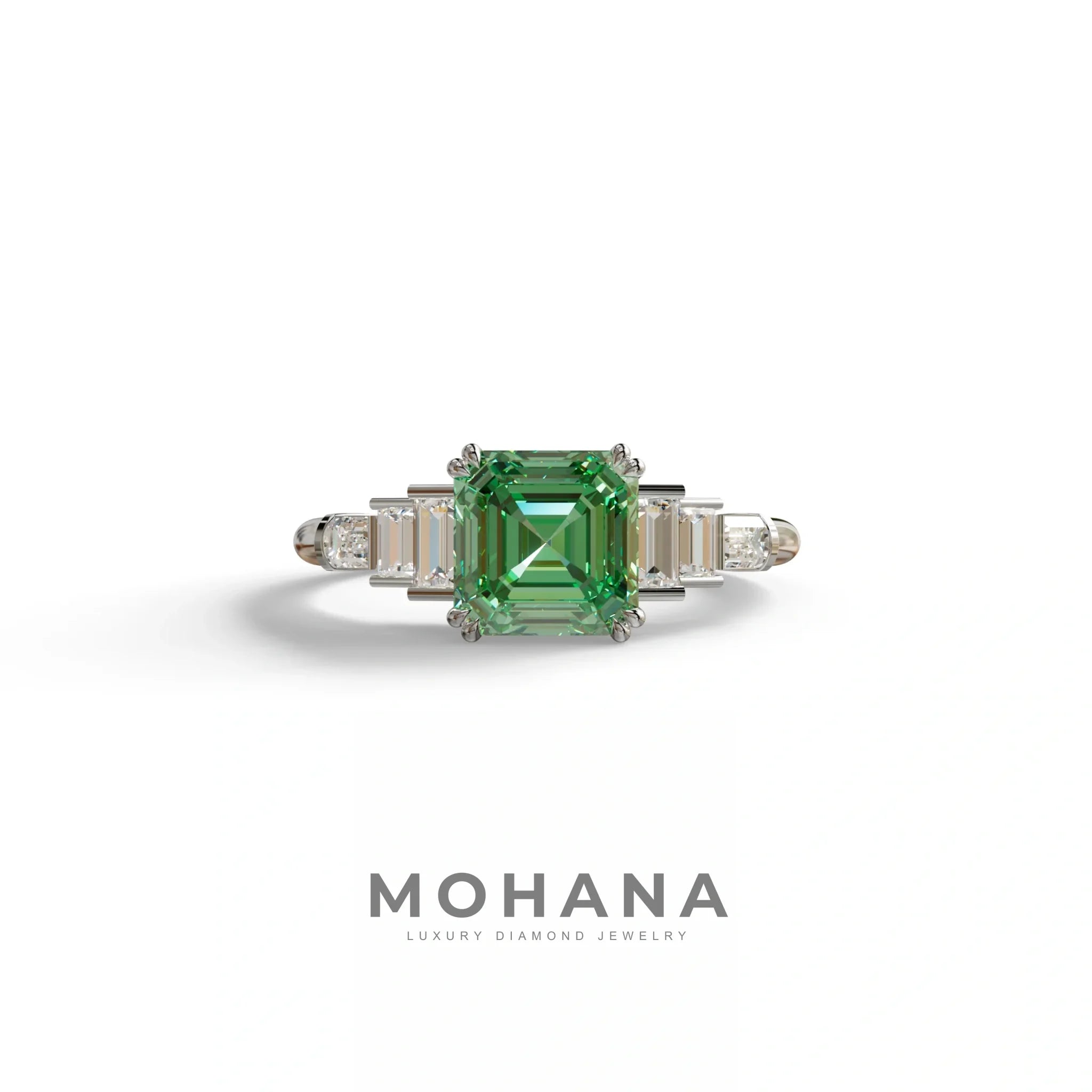 3 Carat Green Asscher Three Stone Lab grown Diamond Ring - Vetra - 10K Solid Gold / White Gold