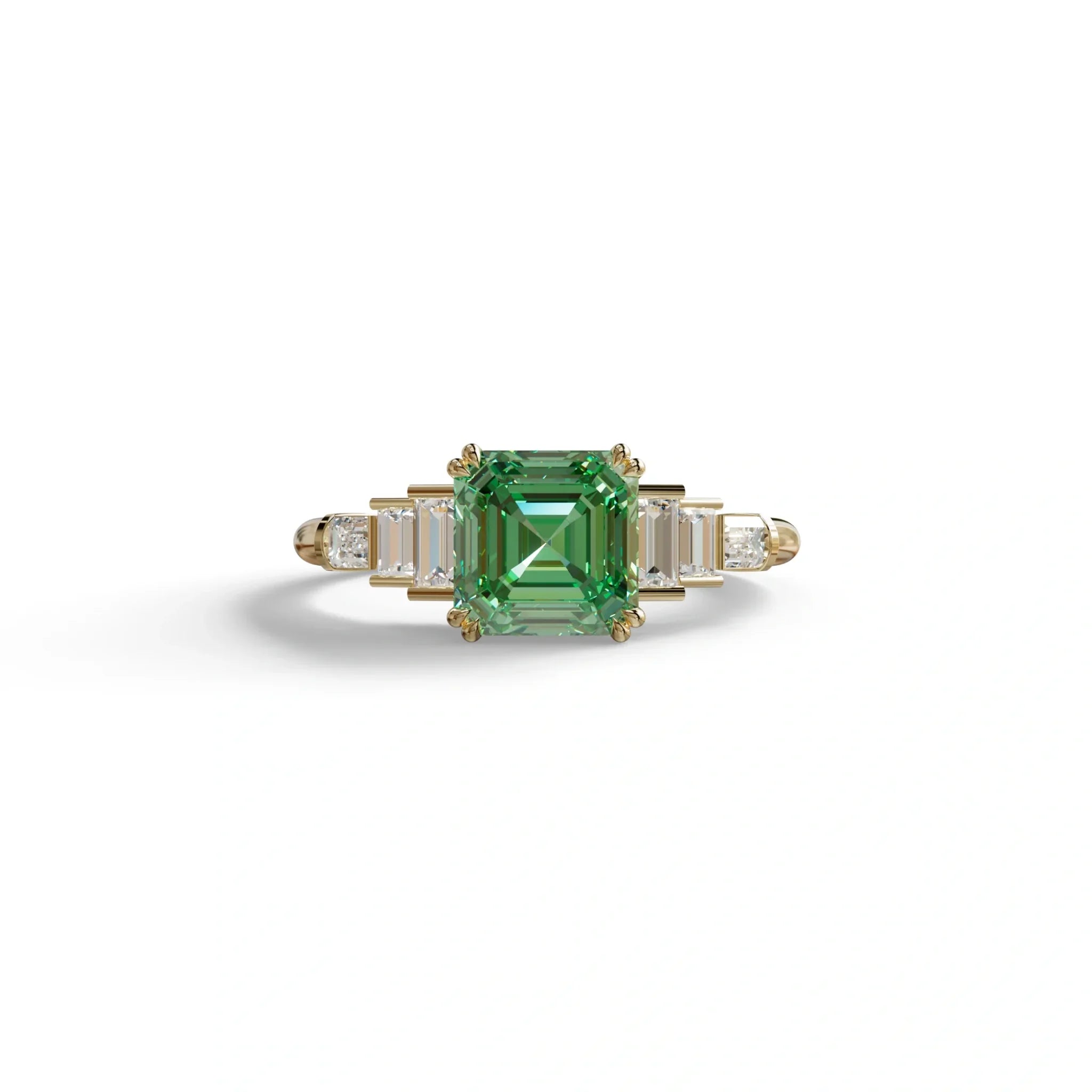 3 Carat Green Asscher Three Stone Lab grown Diamond Ring - Vetra - 10K Solid Gold / Yellow Gold