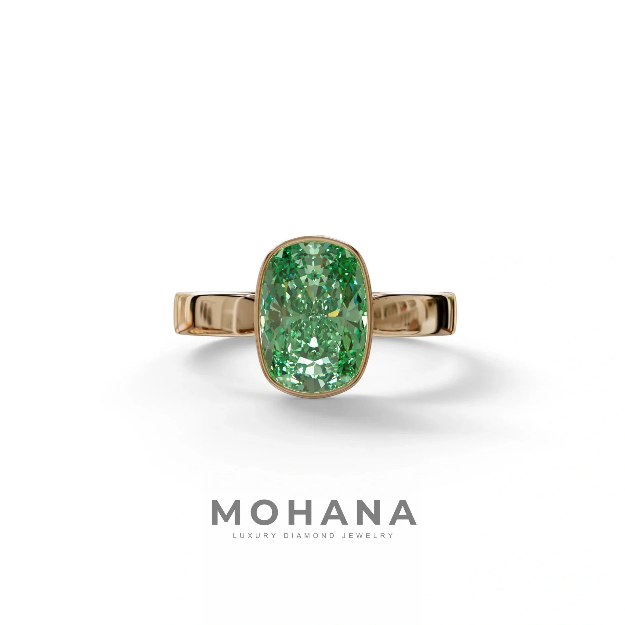 3 Carat Green Elongated Cushion Cut Bezel Set Engagement Ring - Astrae - 10K Solid Gold / Rose Gold