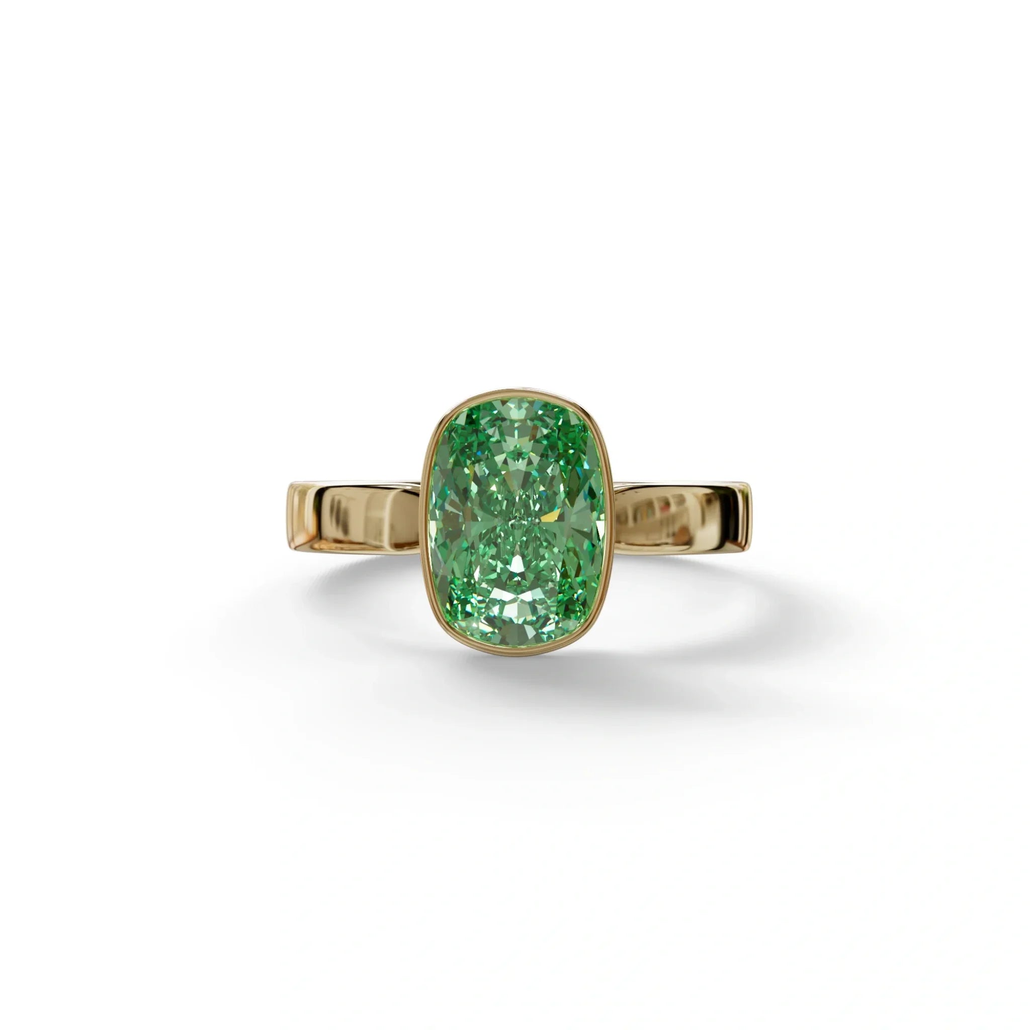 3 Carat Green Elongated Cushion Cut Bezel Set Engagement Ring - Astrae - 10K Solid Gold / Yellow Gold