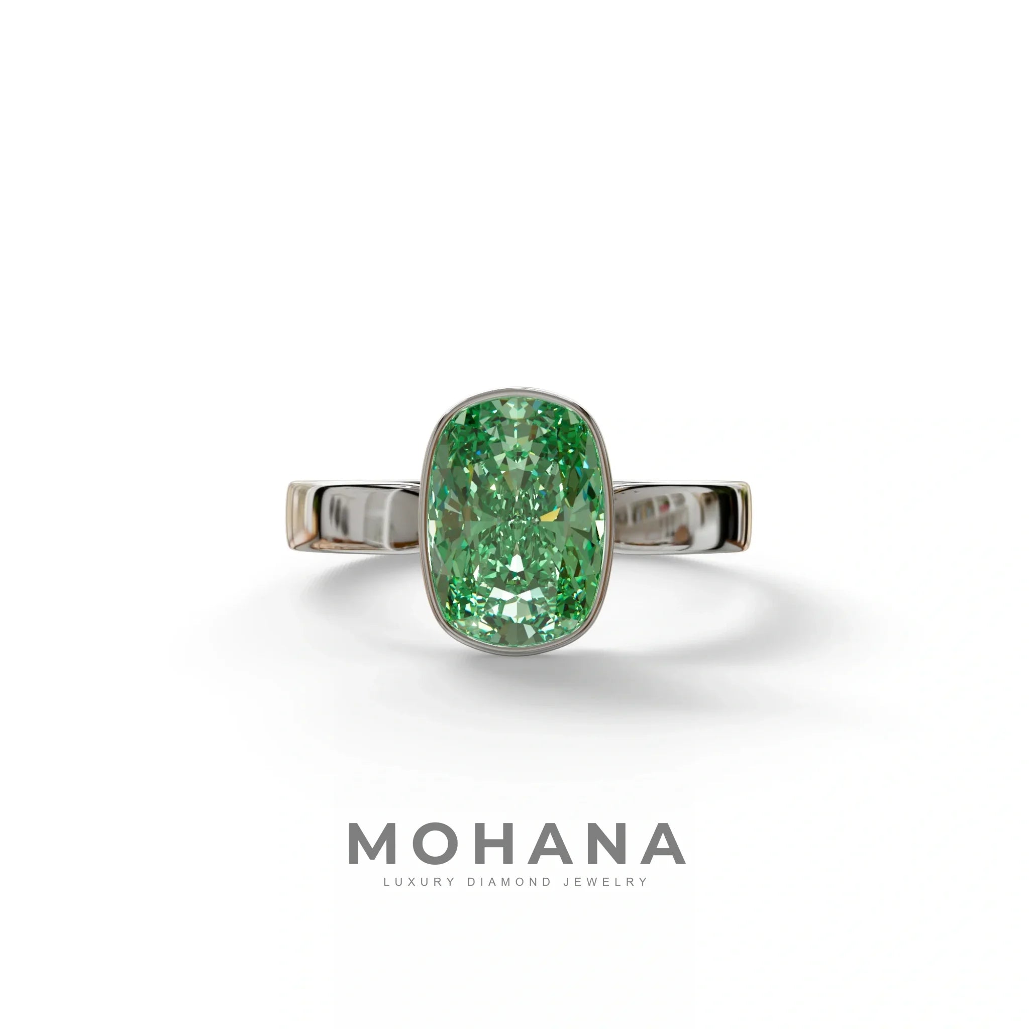 3 Carat Green Elongated Cushion Cut Bezel Set Engagement Ring - Astrae - 10K Solid Gold / White Gold