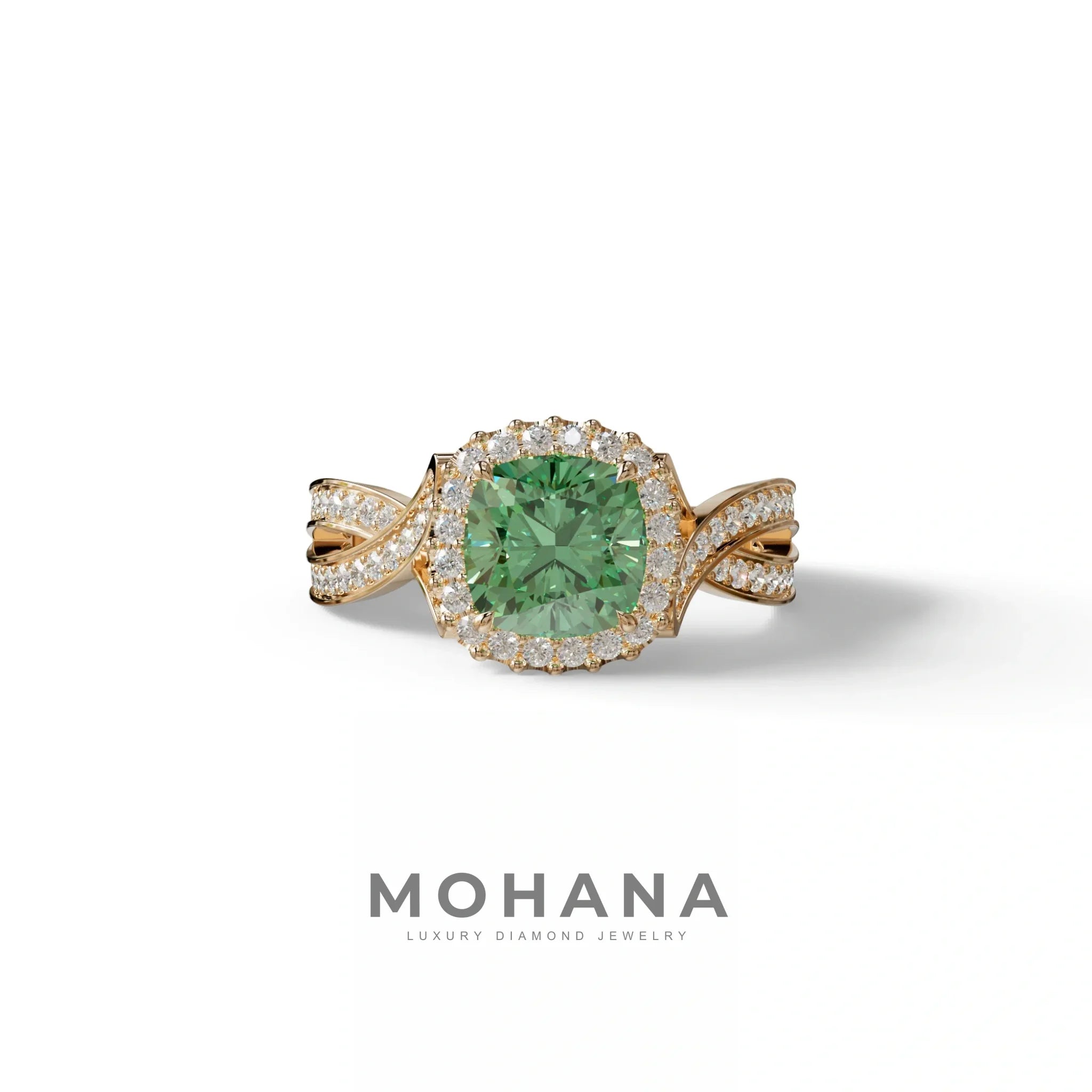 3 Carat Green Cushion Cut Lab Grown Halo Diamond Engagement Ring - Odessa - 10K Solid Gold / Rose Gold