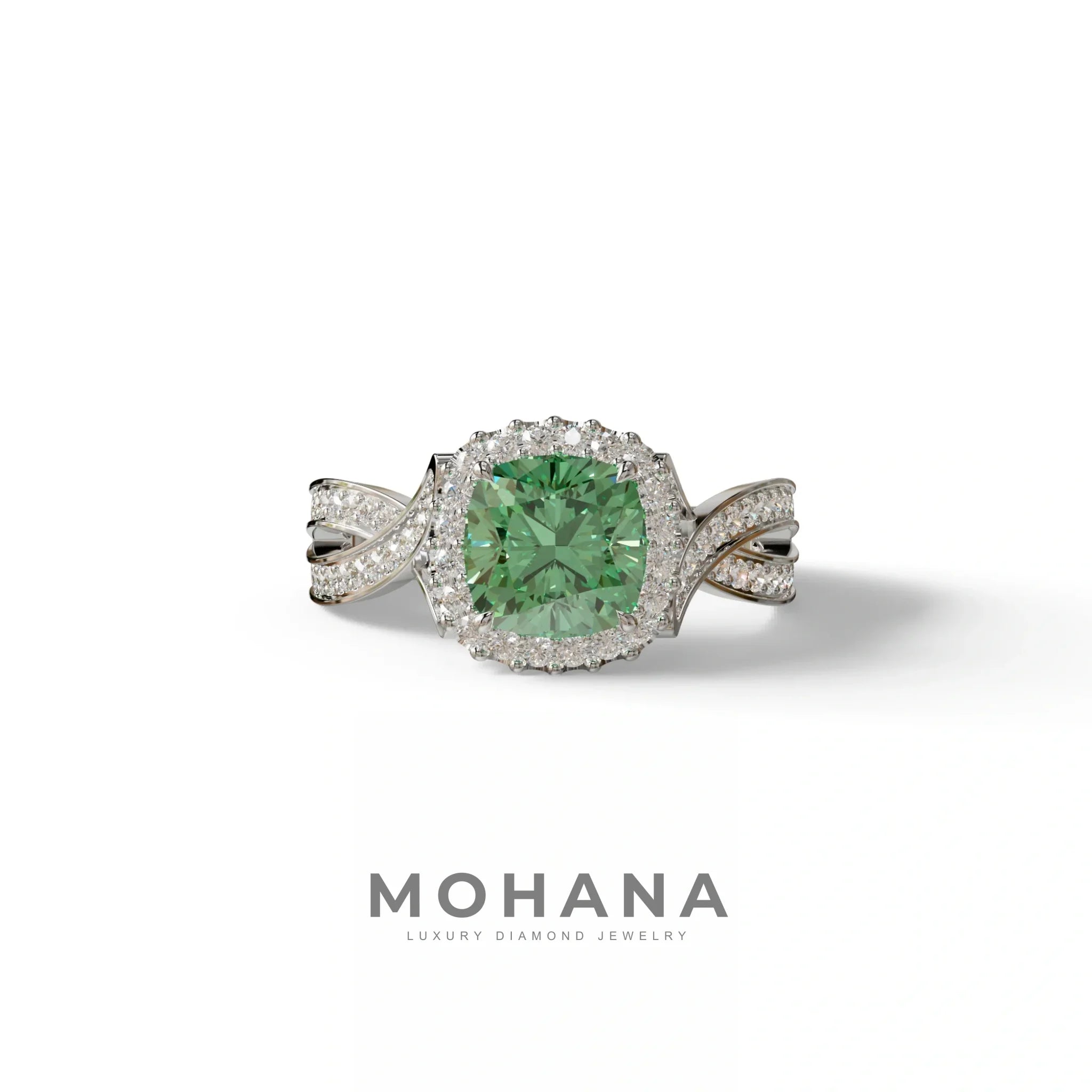 3 Carat Green Cushion Cut Lab Grown Halo Diamond Engagement Ring - Odessa - 10K Solid Gold / White Gold