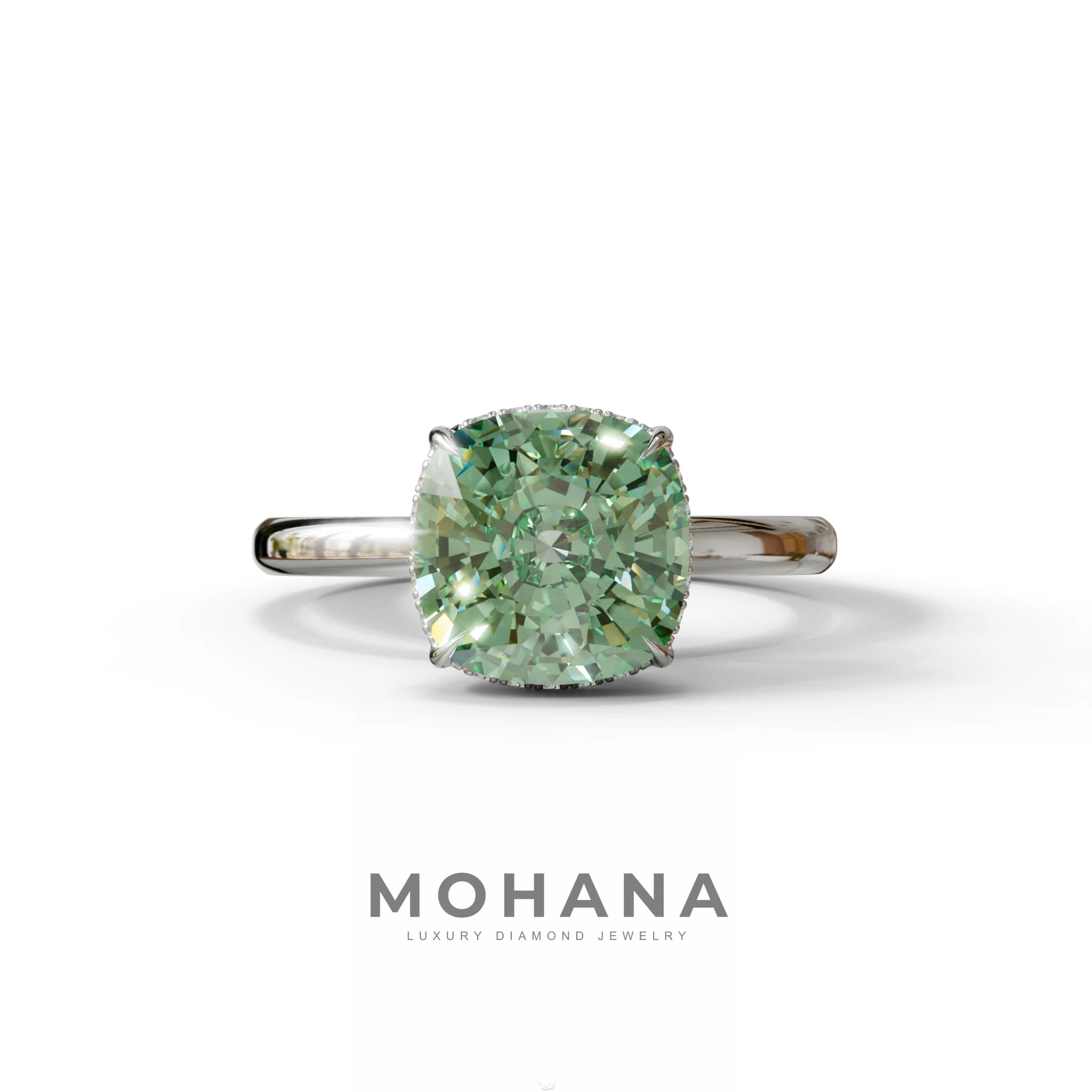 3 Carat Green Cushion Lab Diamond Hidden Halo Ring - 10K Solid Gold / White Gold