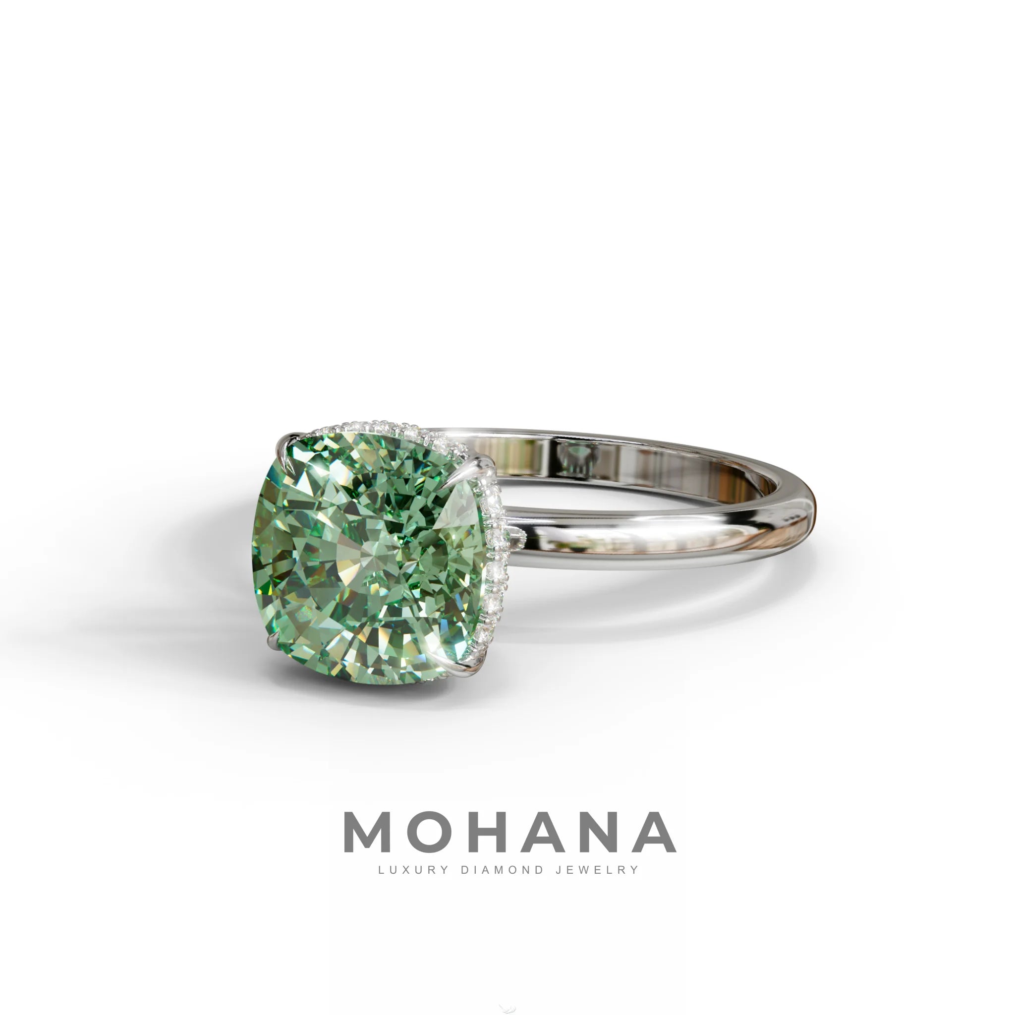 3 Carat Green Cushion Lab Diamond Hidden Halo Ring