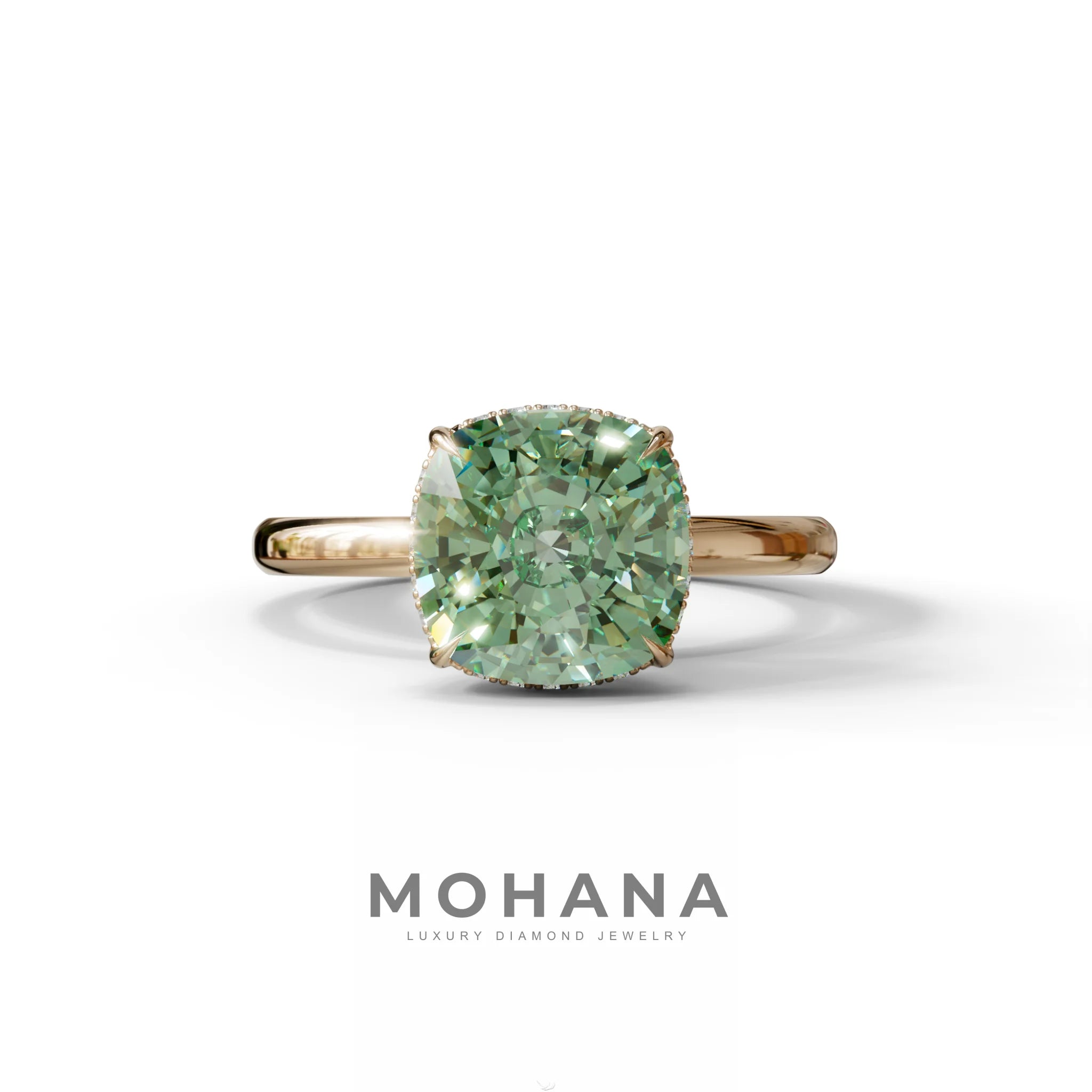3 Carat Green Cushion Lab Diamond Hidden Halo Ring - 10K Solid Gold / Rose Gold