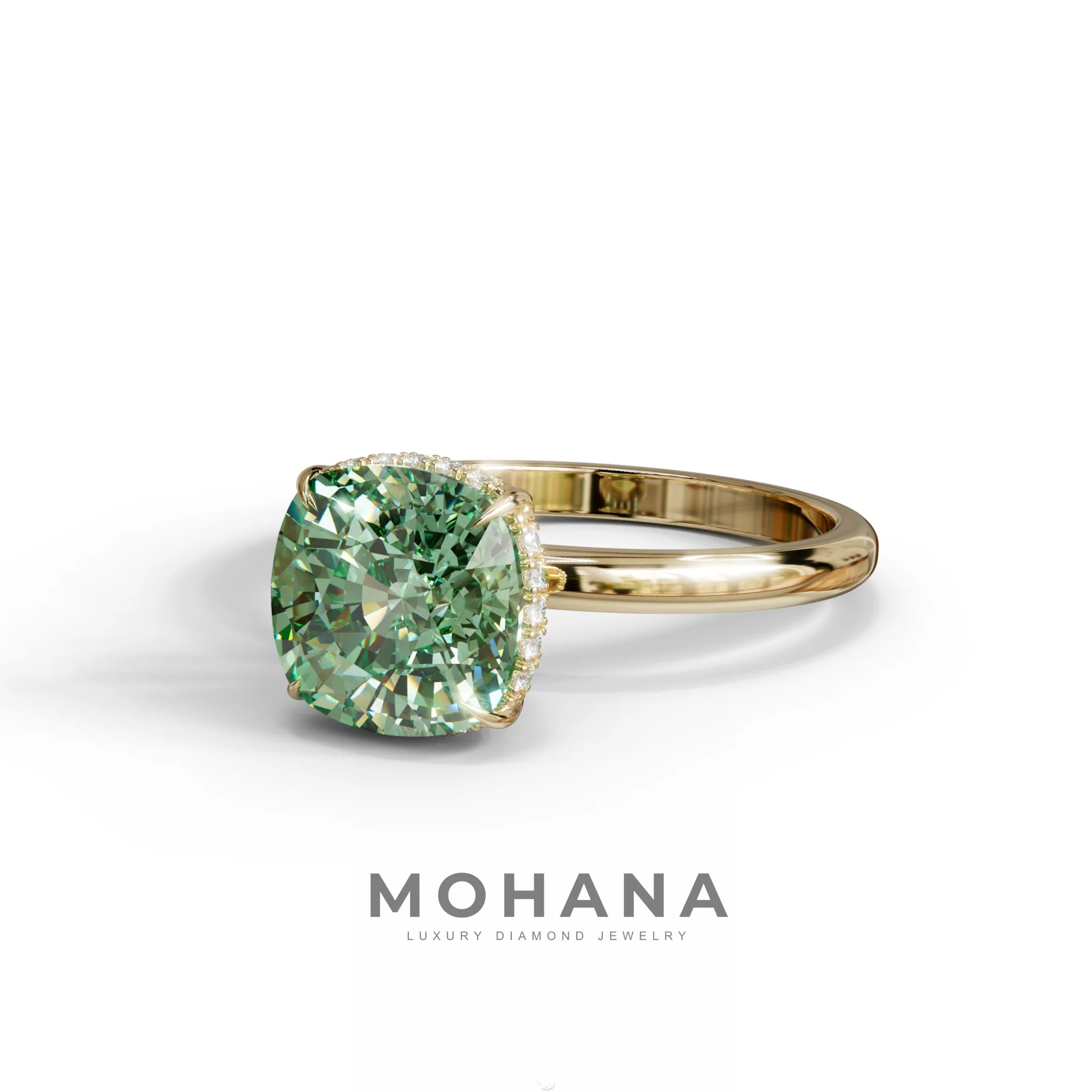 3 Carat Green Cushion Lab Diamond Hidden Halo Ring