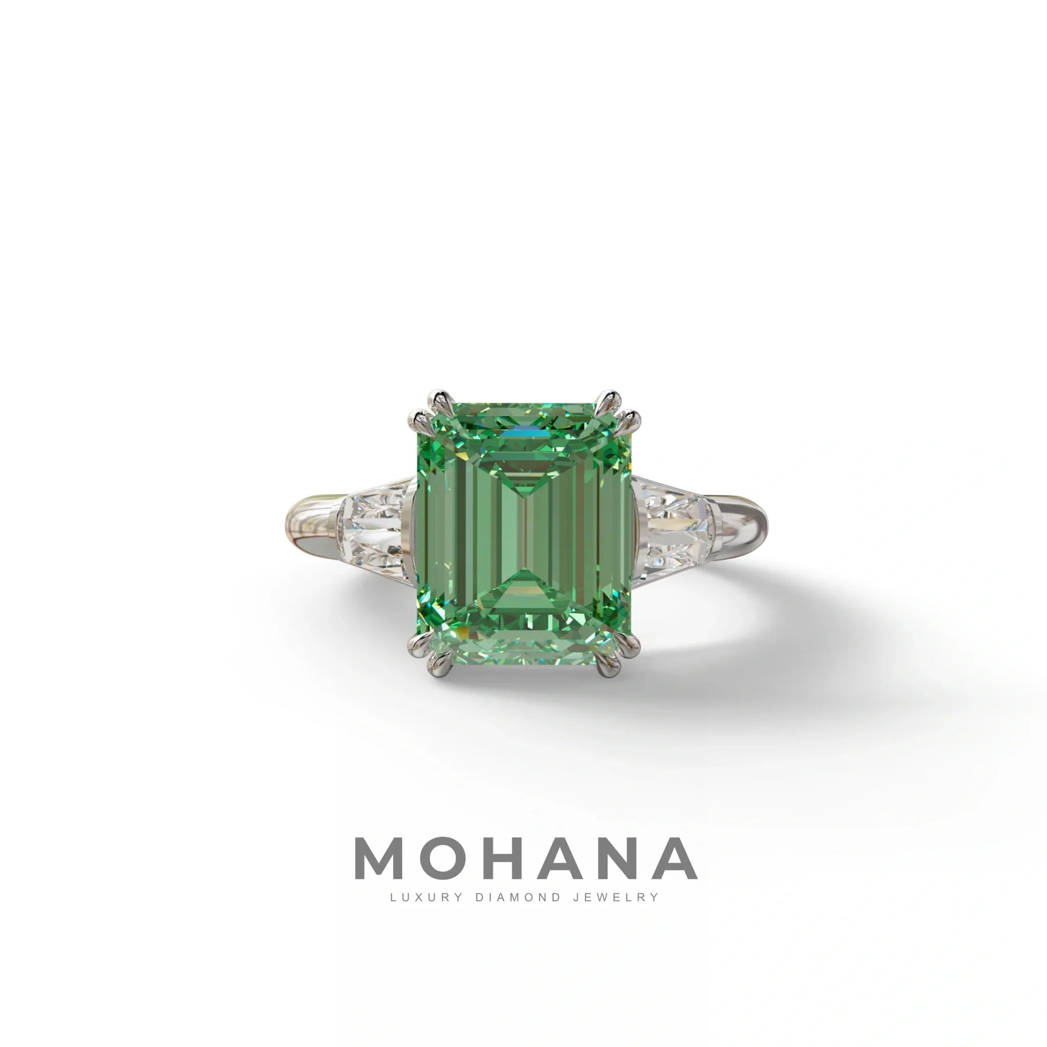3 Carat Green Emerald & Baguette Cut Multi Stone Lab Diamond Ring - Lami - 10K Solid Gold / White Gold