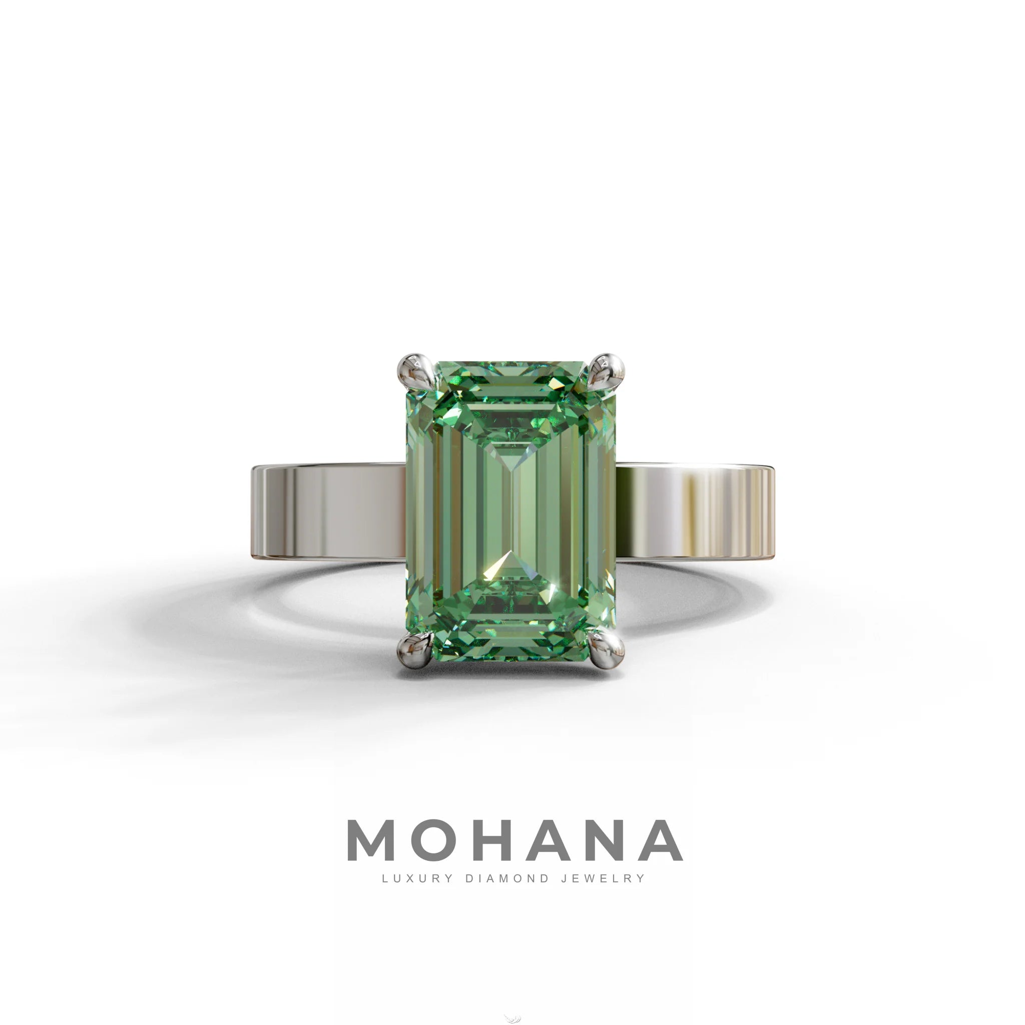 3 Carat Green Emerald Lab Grown Diamond Solitaire Engagement Ring - Zulu - 10K Solid Gold / White Gold