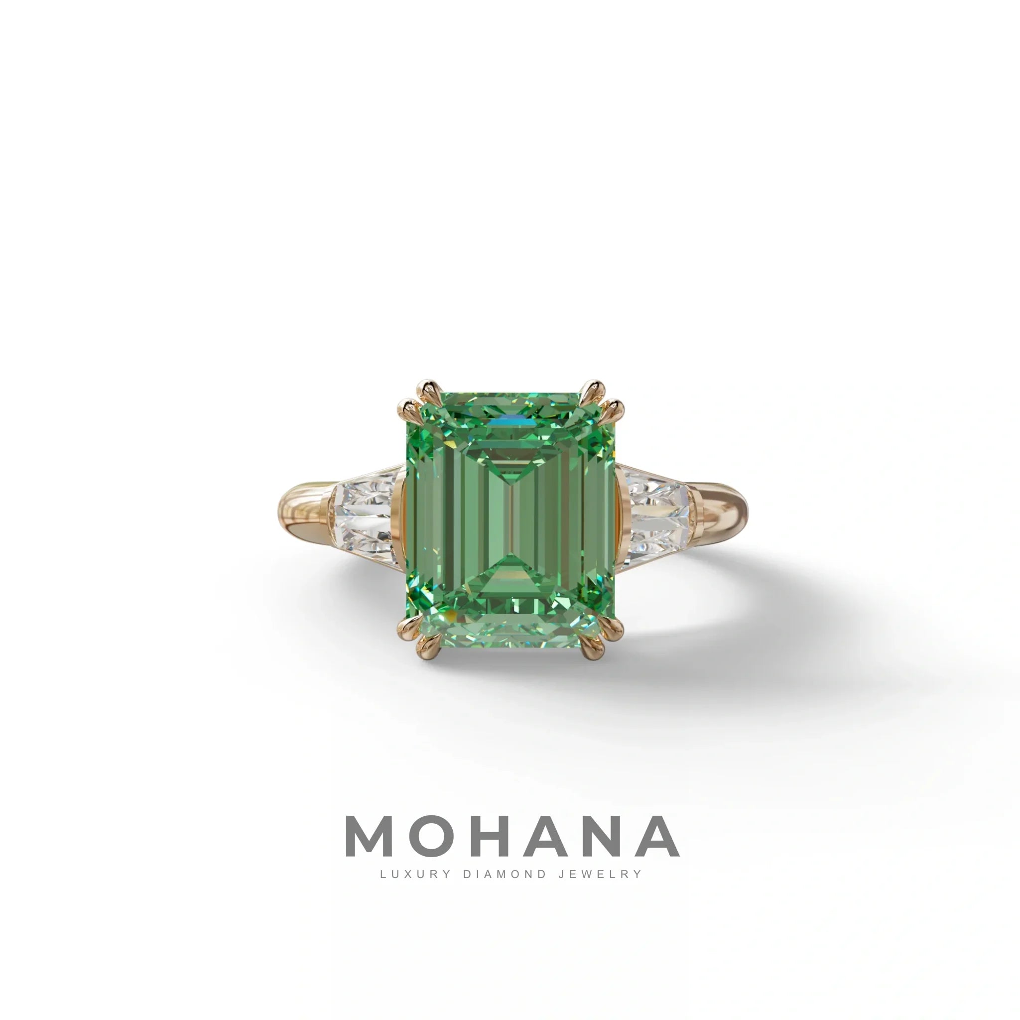 3 Carat Green Emerald & Baguette Cut Multi Stone Lab Diamond Ring - Lami - 10K Solid Gold / Rose Gold