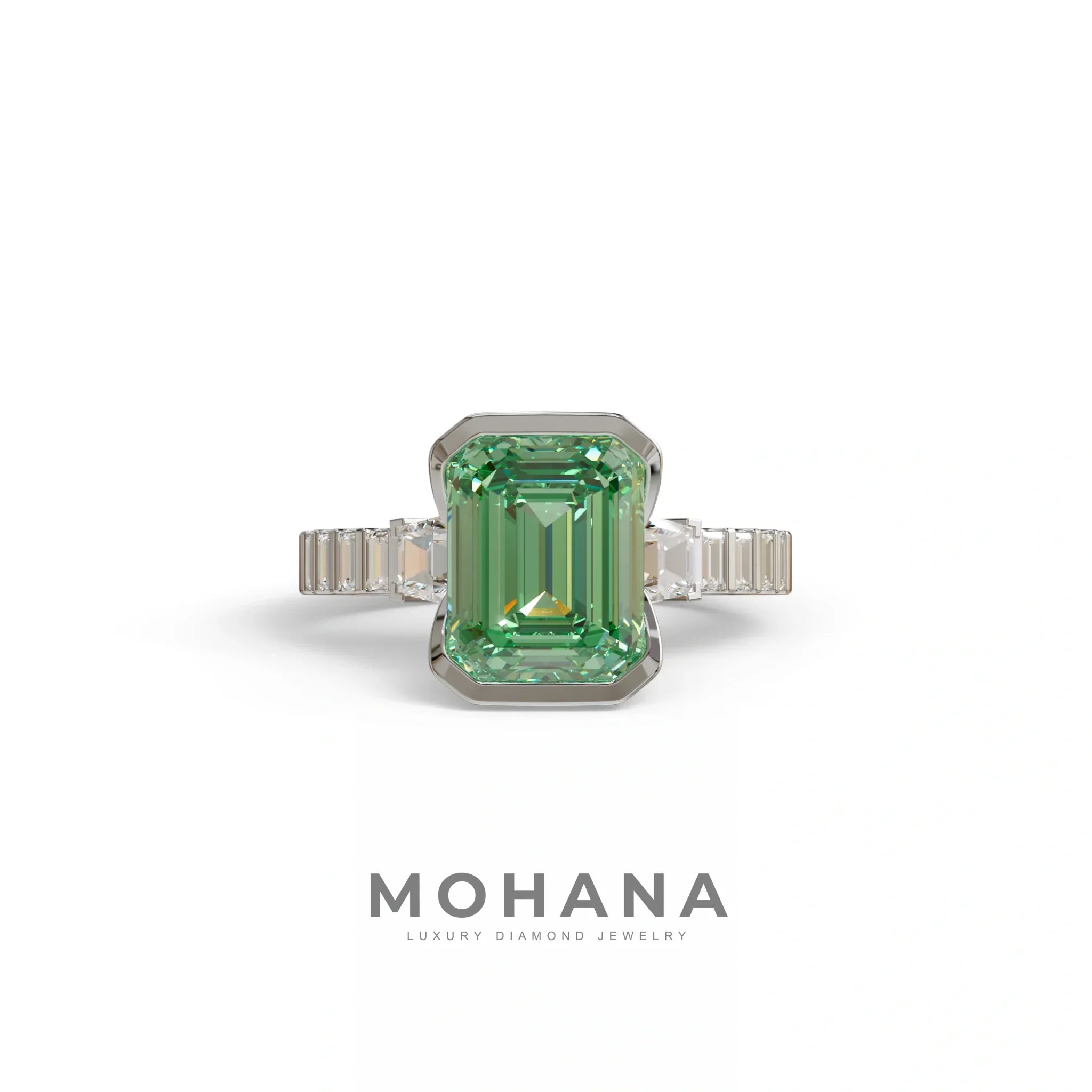3 Carat Green Color Emerald Cut Three Stone Lab Diamond Engagement Ring | Bezel Set Ring - Gatsby - 10K Solid Gold