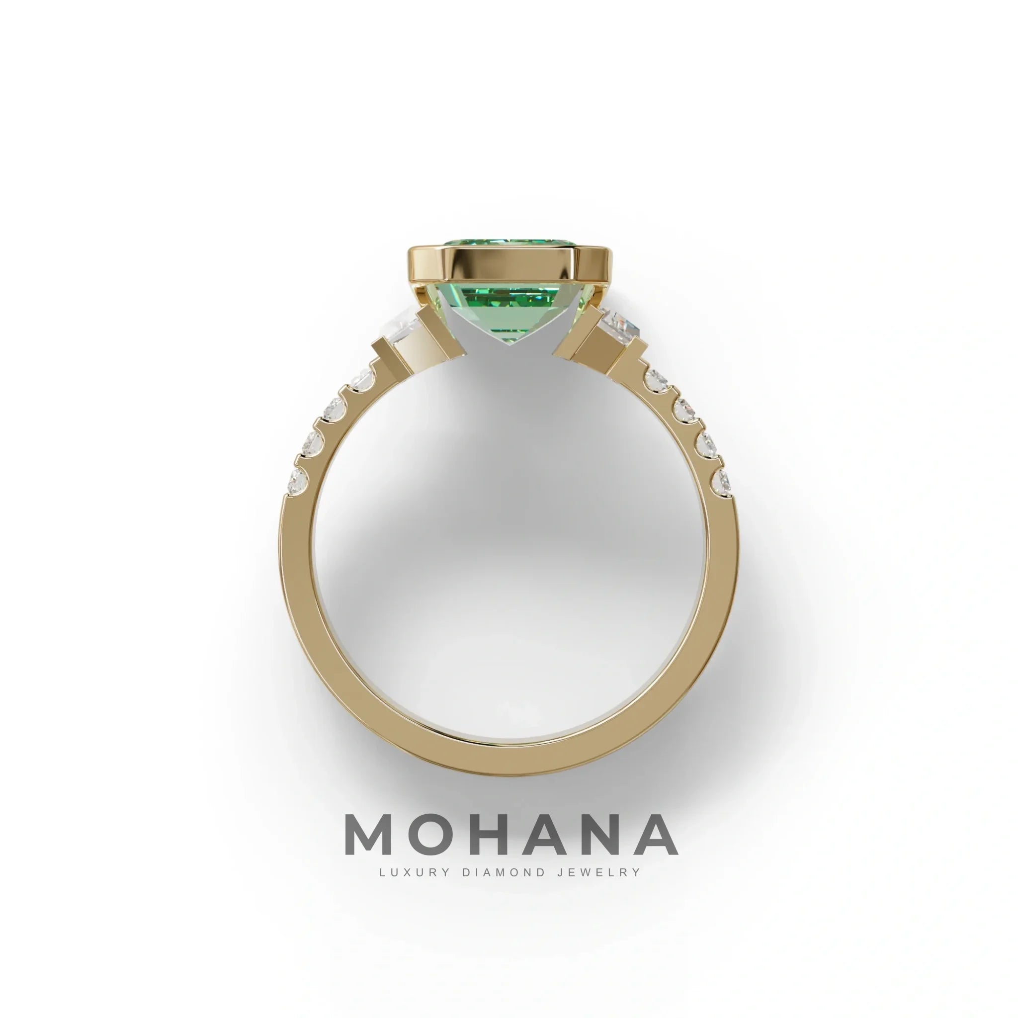 3 Carat Green Color Emerald Cut Three Stone Lab Diamond Engagement Ring | Bezel Set Ring - Gatsby