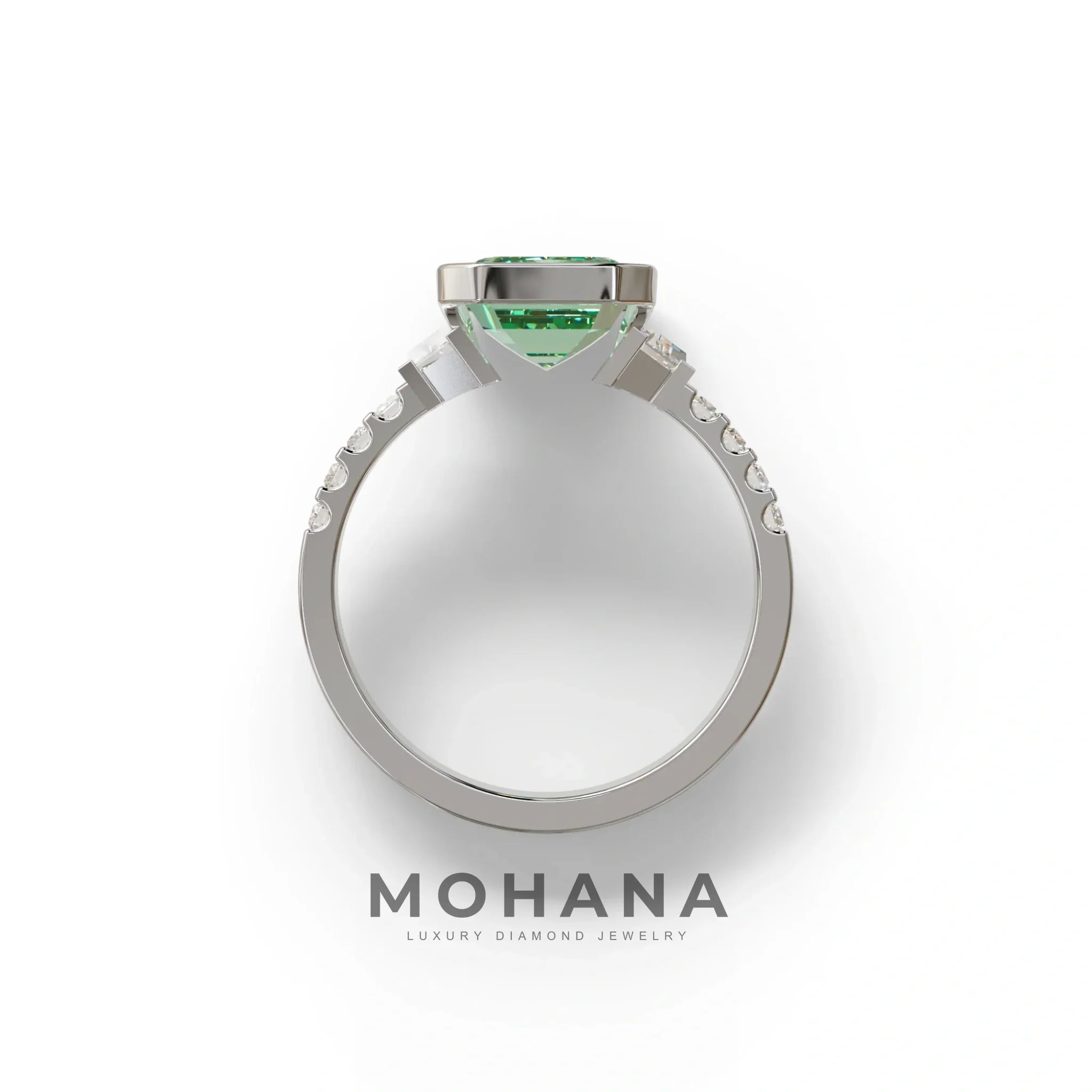 3 Carat Green Color Emerald Cut Three Stone Lab Diamond Engagement Ring | Bezel Set Ring - Gatsby