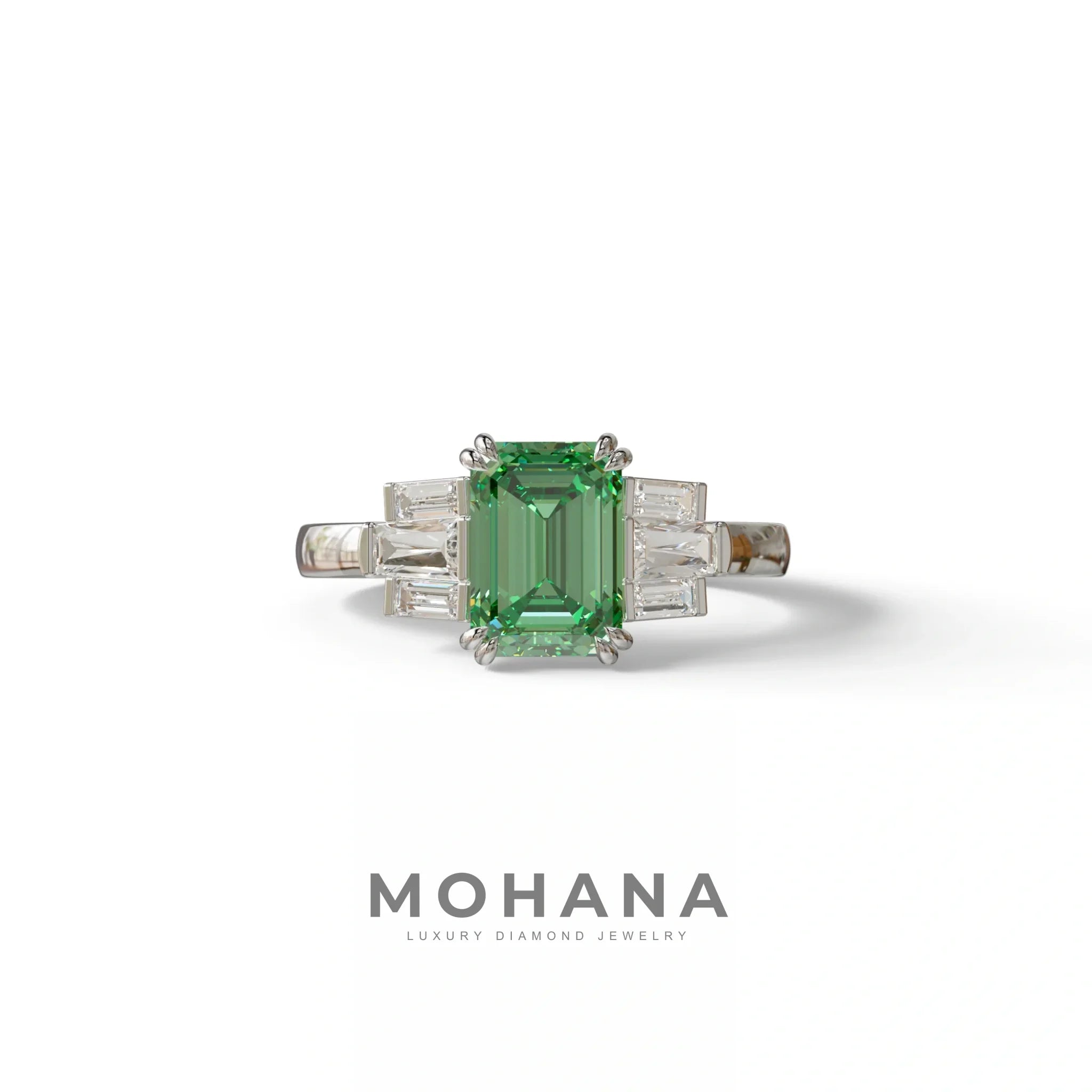 3 Carat Emerald Cut Green Lab Grown Diamond Multi Stone Ring Ring - Leela - 10K Solid Gold / White Gold