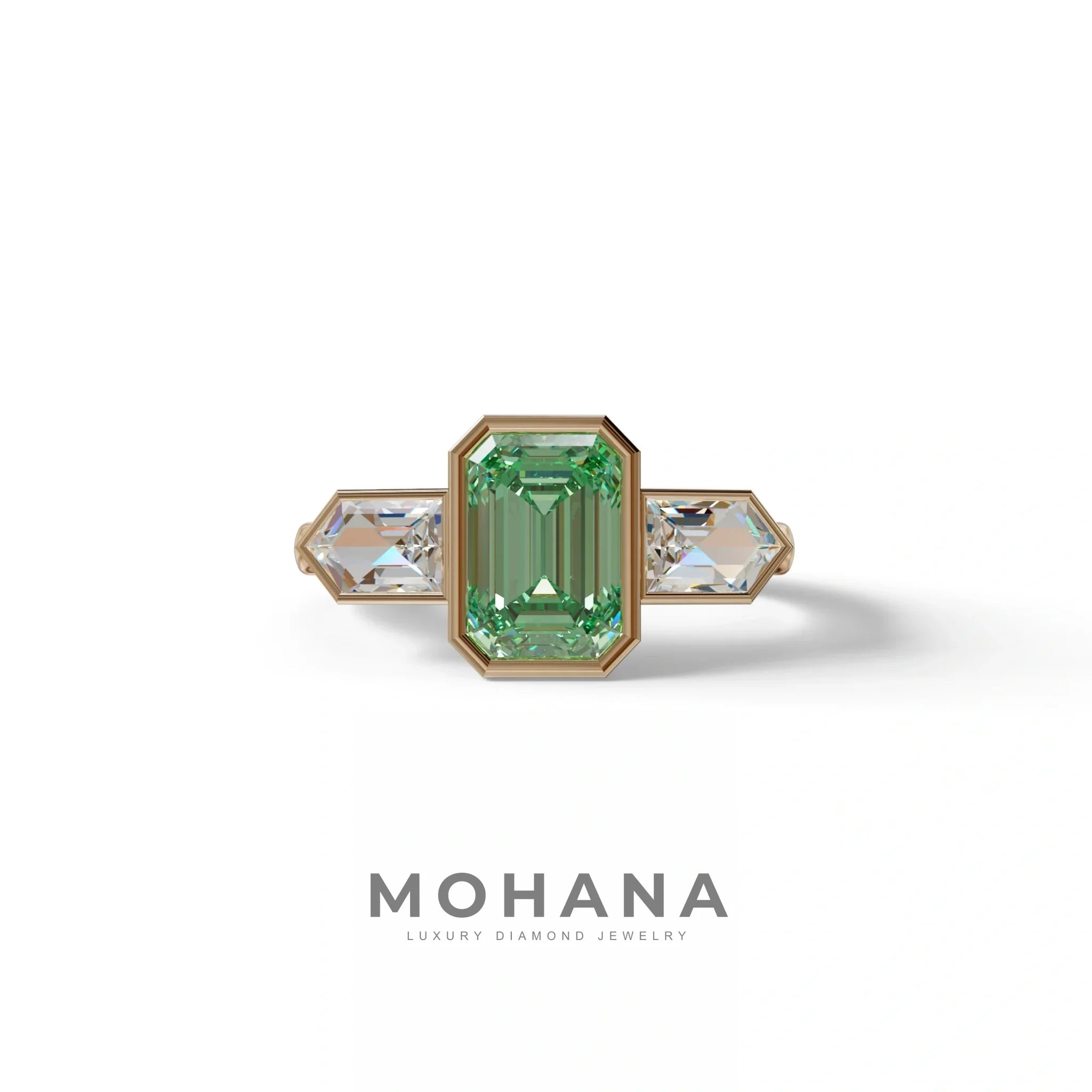 3 Ct Fancy Vivid Green Emerald Cut Lab Diamond Ring - Lumons - 10K Solid Gold / Rose Gold