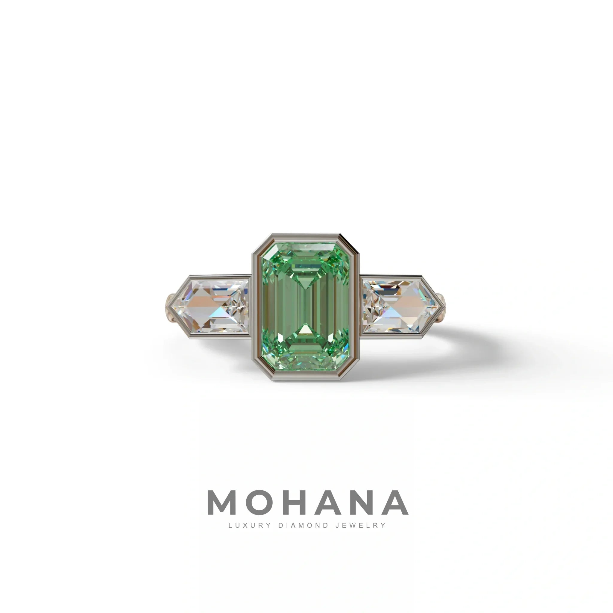 3 Ct Fancy Vivid Green Emerald Cut Lab Diamond Ring - Lumons - 10K Solid Gold / White Gold