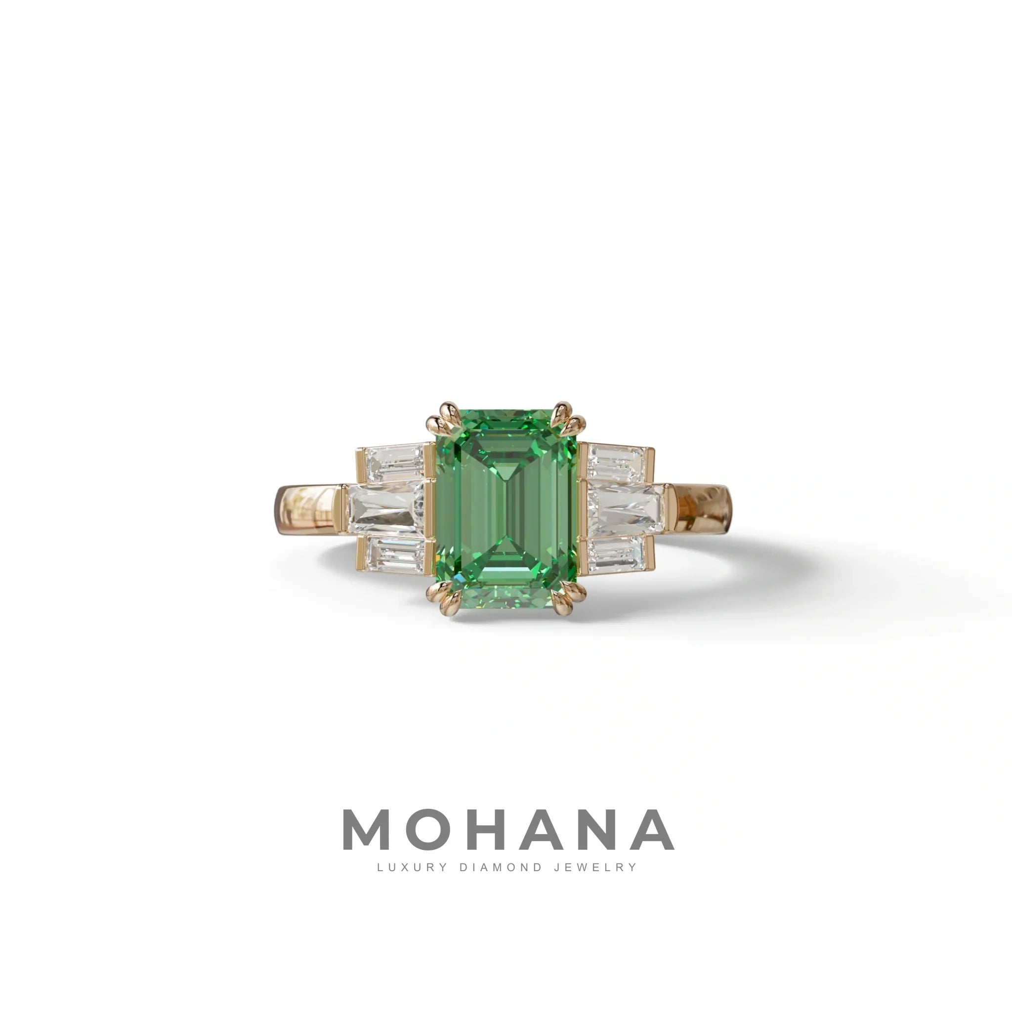 3 Carat Emerald Cut Green Lab Grown Diamond Multi Stone Ring Ring - Leela - 10K Solid Gold / Rose Gold