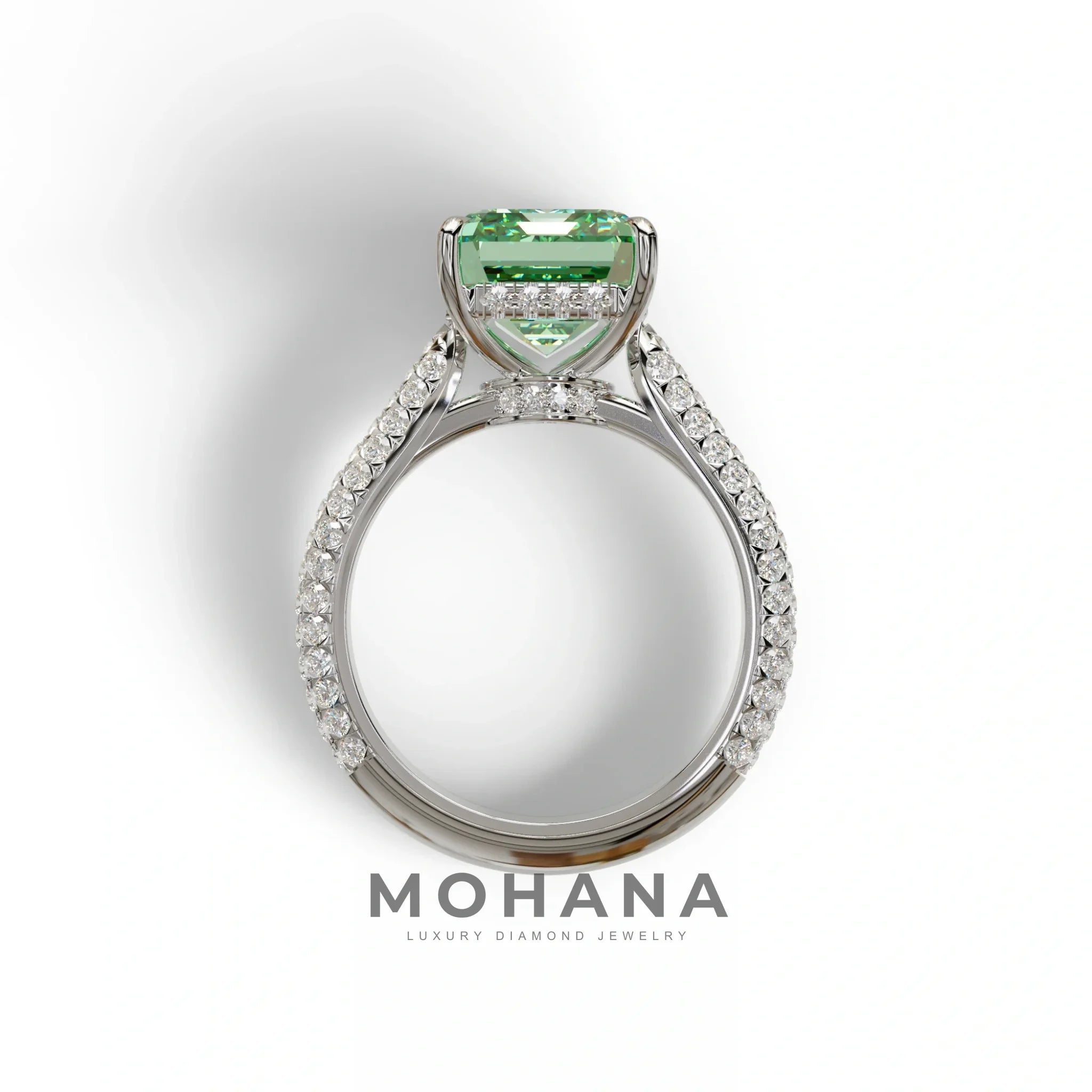 3 Carat Green Emerald Cut Hidden Halo & Pave Set Lab Diamond Ring - Emme
