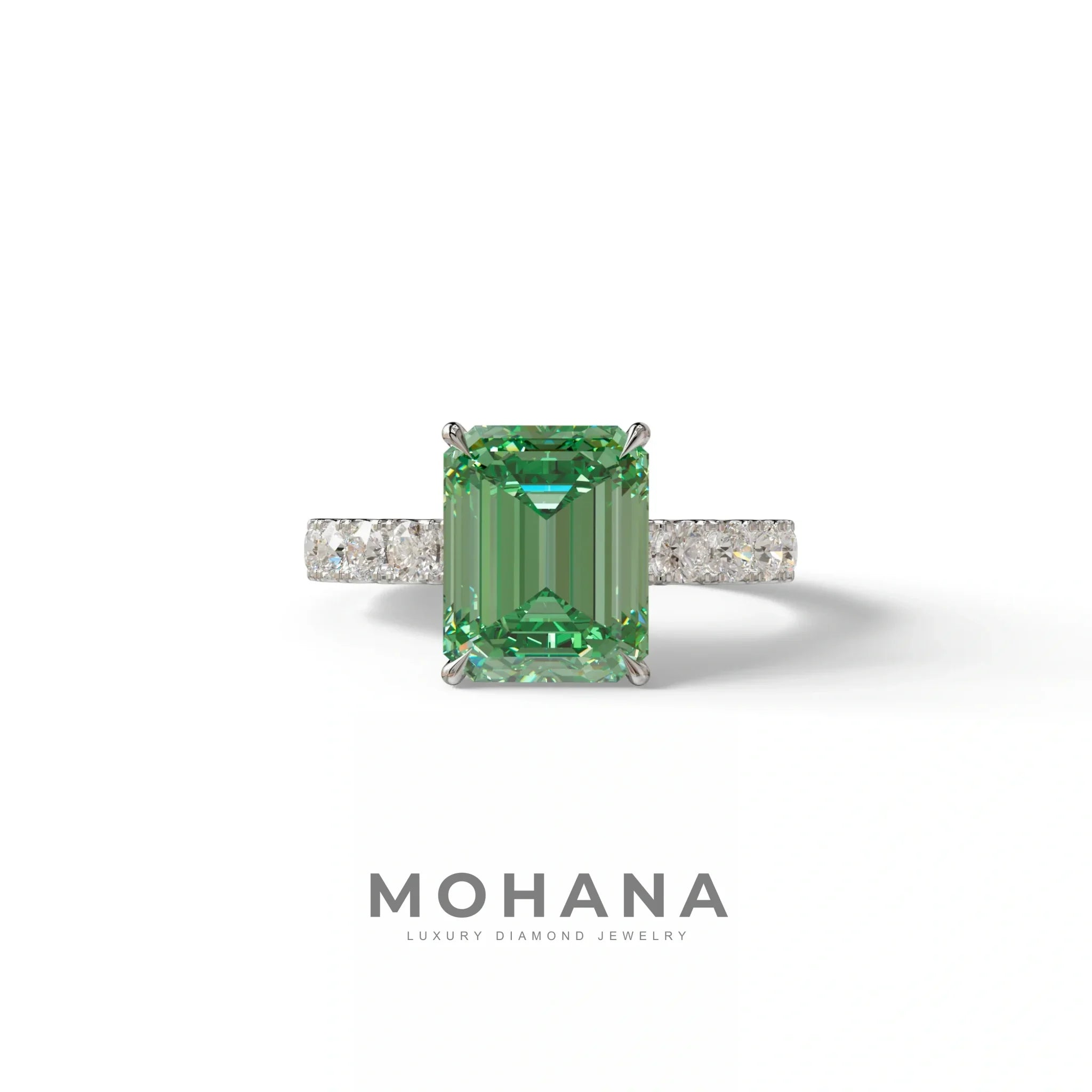 3 Carat Green Emerald Cut Hidden Halo Lab Diamond Engagement Ring - Luminary - 10K Solid Gold / White Gold