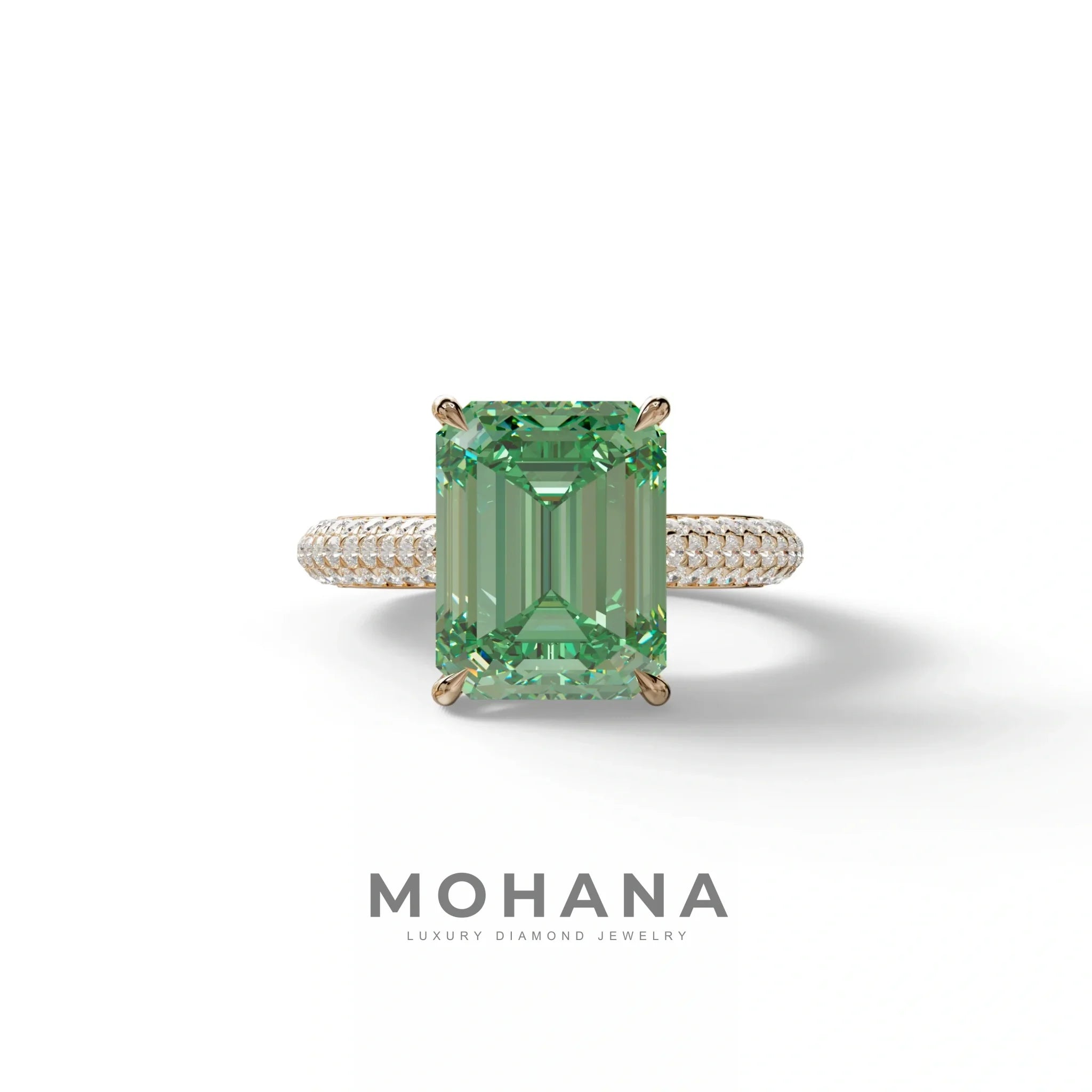 3 Carat Green Emerald Cut Hidden Halo & Pave Set Lab Diamond Ring - Emme - 10K Solid Gold / Rose Gold
