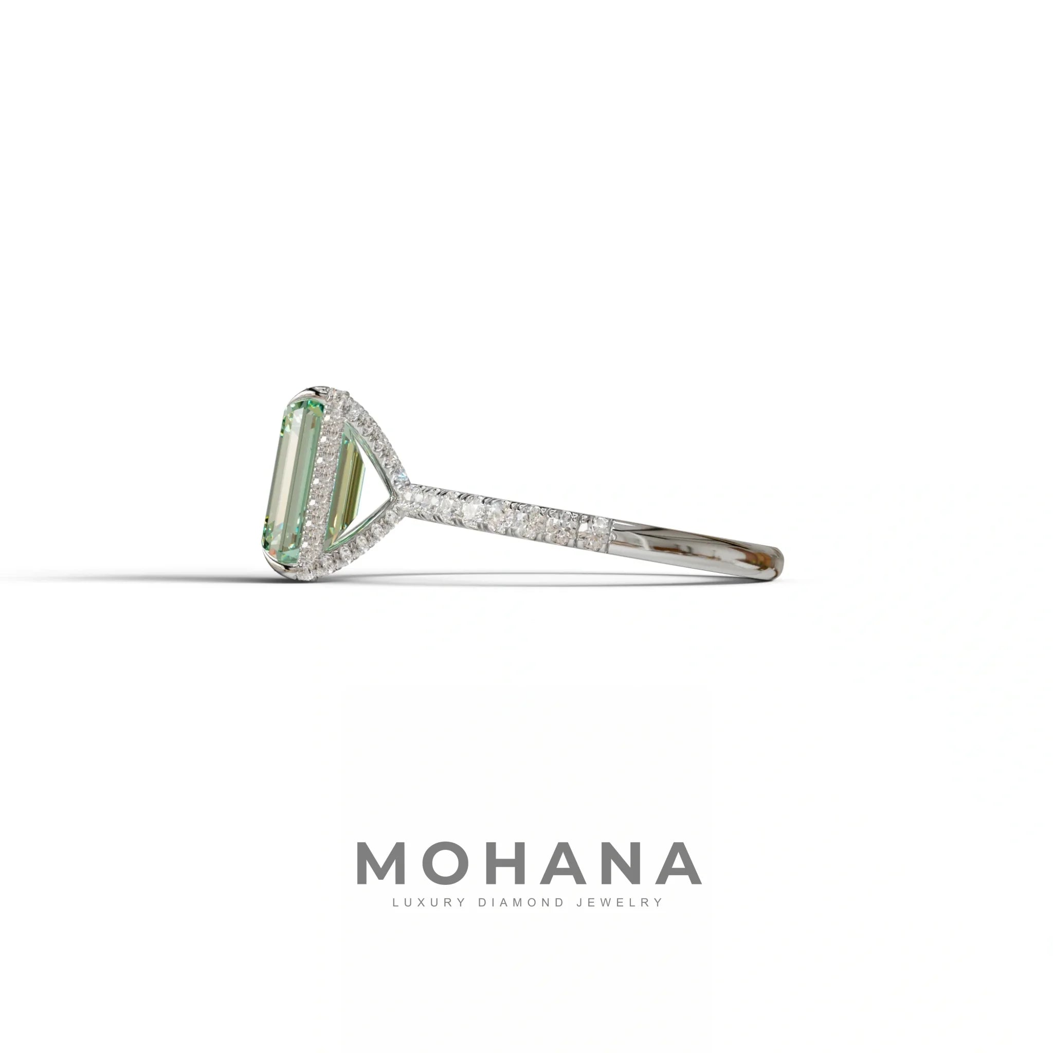 3 Carat Green Emerald Cut Lab Diamond In Hidden Halo & Pave Setting Ring