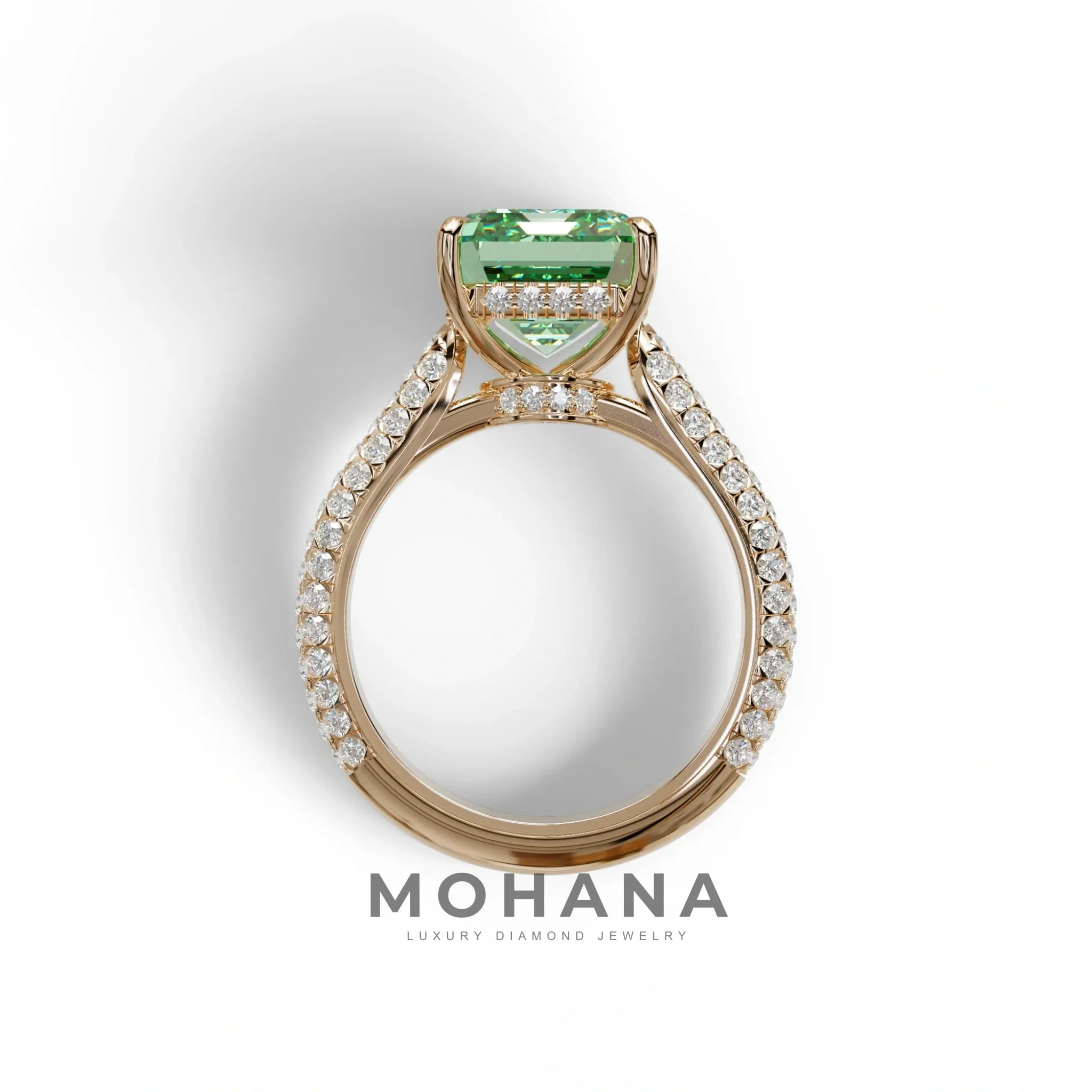 3 Carat Green Emerald Cut Hidden Halo & Pave Set Lab Diamond Ring - Emme