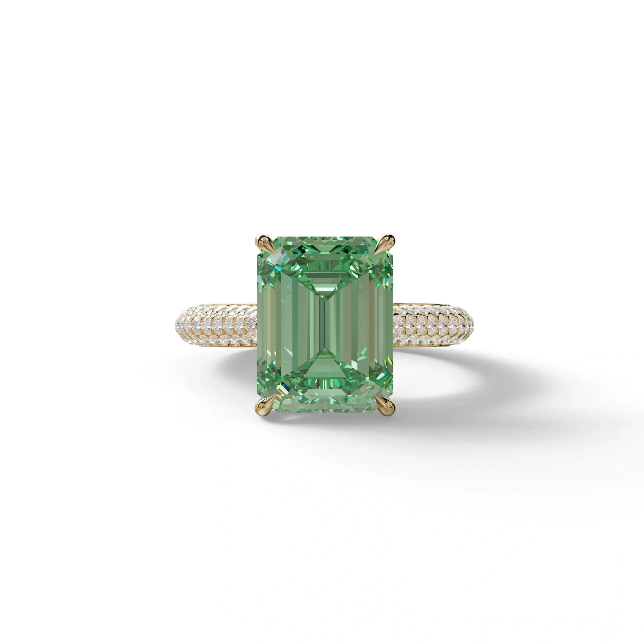 3 Carat Green Emerald Cut Hidden Halo & Pave Set Lab Diamond Ring - Emme - 10K Solid Gold / Yellow Gold