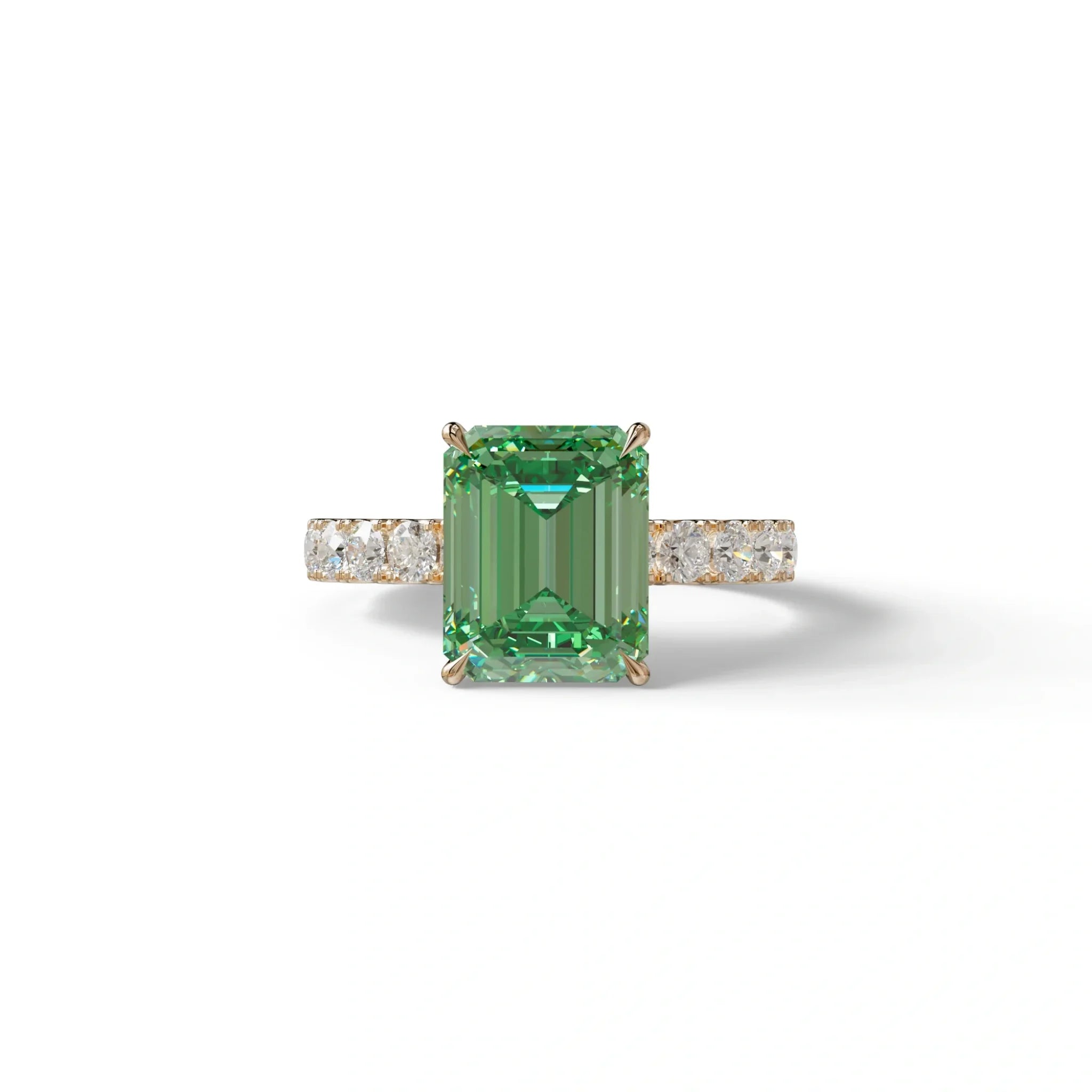 3 Carat Green Emerald Cut Hidden Halo Lab Diamond Engagement Ring - Luminary - 10K Solid Gold / Yellow Gold