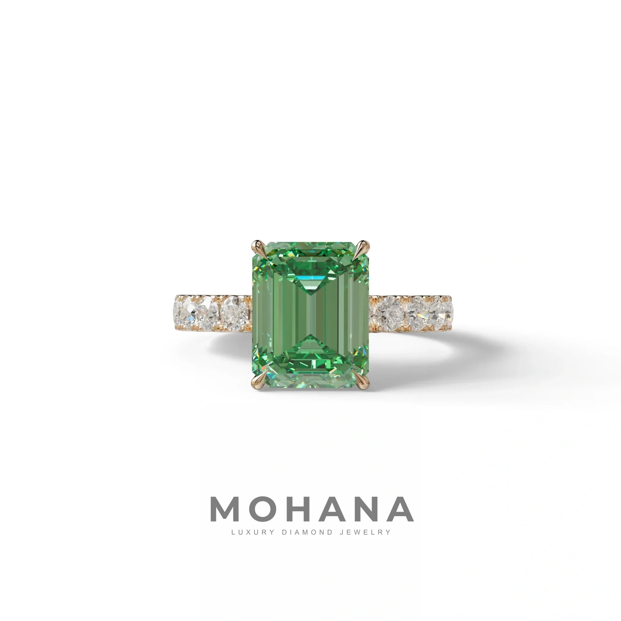 3 Carat Green Emerald Cut Hidden Halo Lab Diamond Engagement Ring - Luminary - 10K Solid Gold / Rose Gold