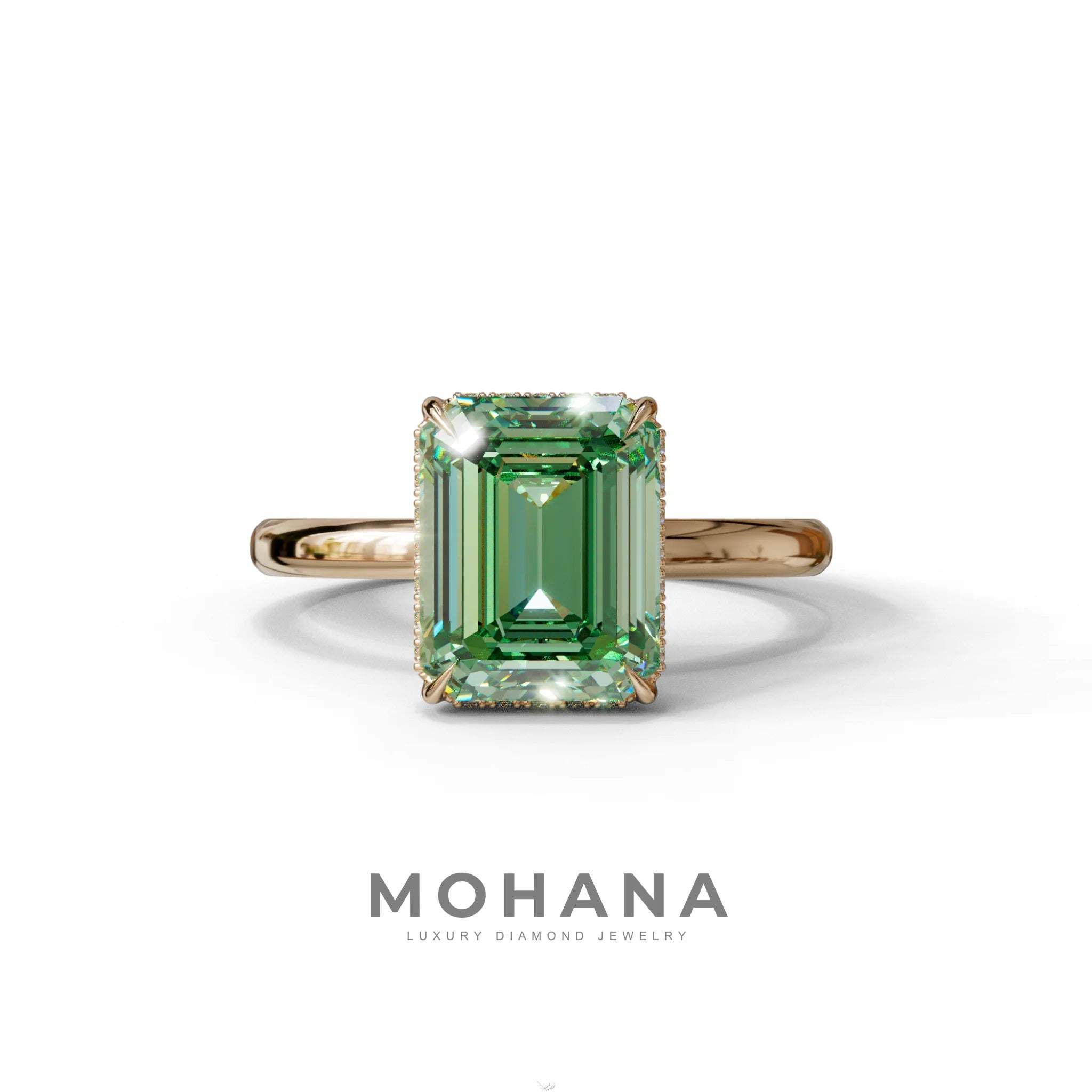 3 Carat Green Emerald Cut Hidden Halo & Claw Setting Lab Grown Diamond Ring - 10K Solid Gold / Rose Gold
