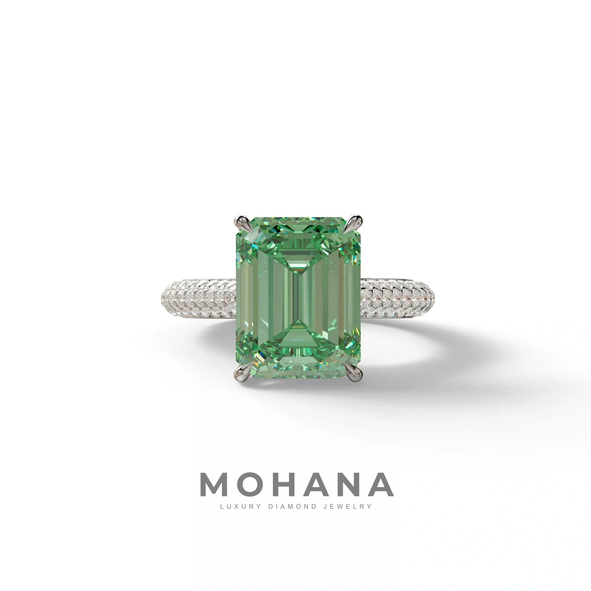 3 Carat Green Emerald Cut Hidden Halo & Pave Set Lab Diamond Ring - Emme - 10K Solid Gold / White Gold
