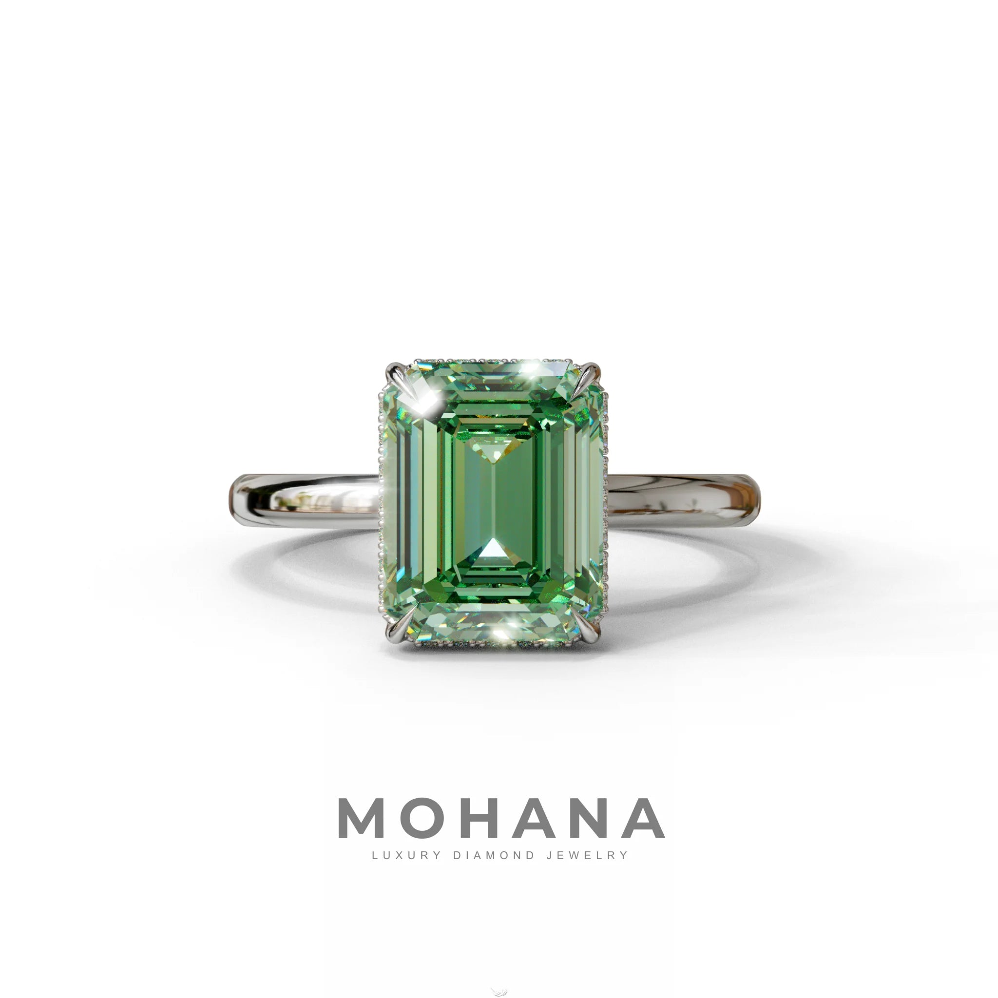 3 Carat Green Emerald Cut Hidden Halo & Claw Setting Lab Grown Diamond Ring - 10K Solid Gold / White Gold