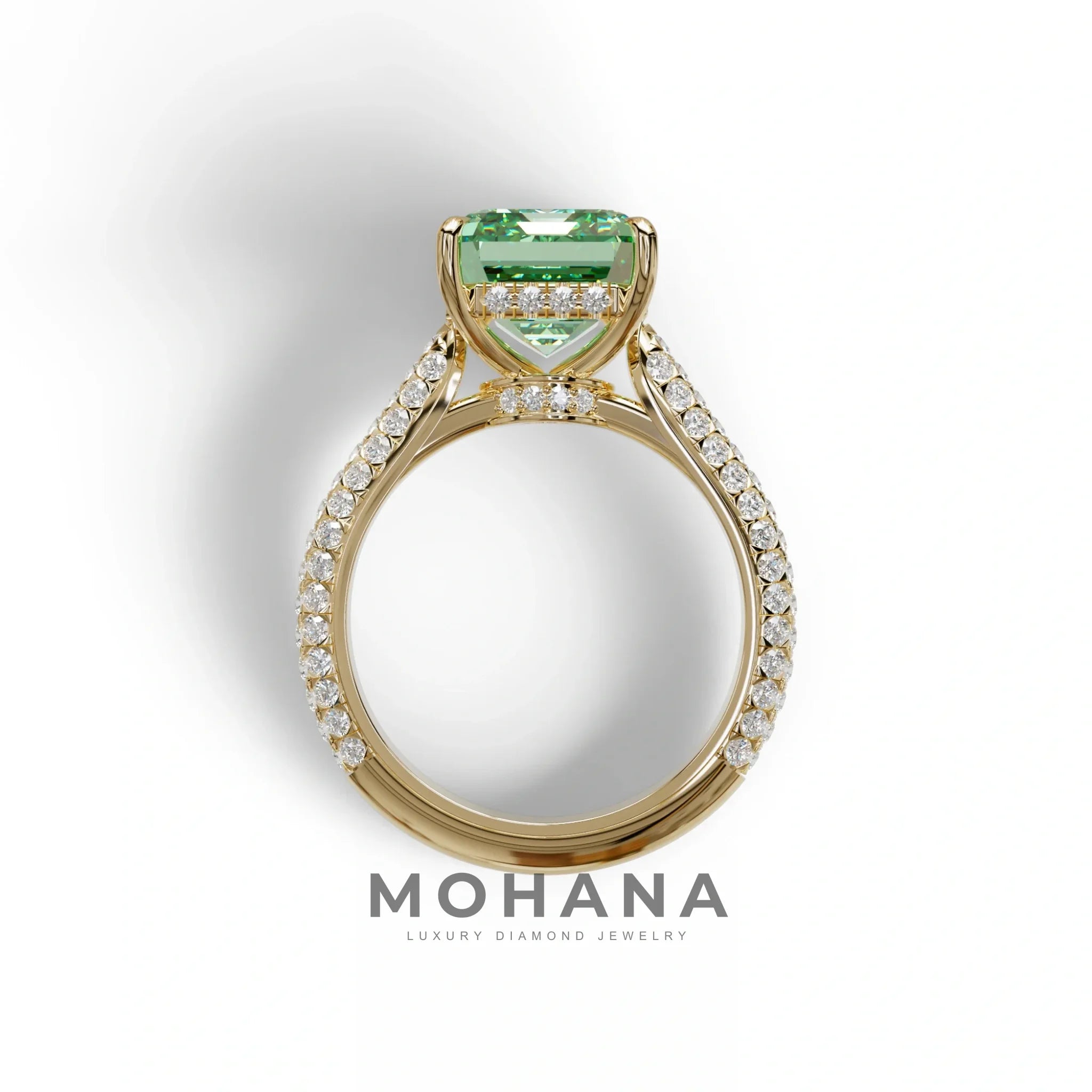 3 Carat Green Emerald Cut Hidden Halo & Pave Set Lab Diamond Ring - Emme