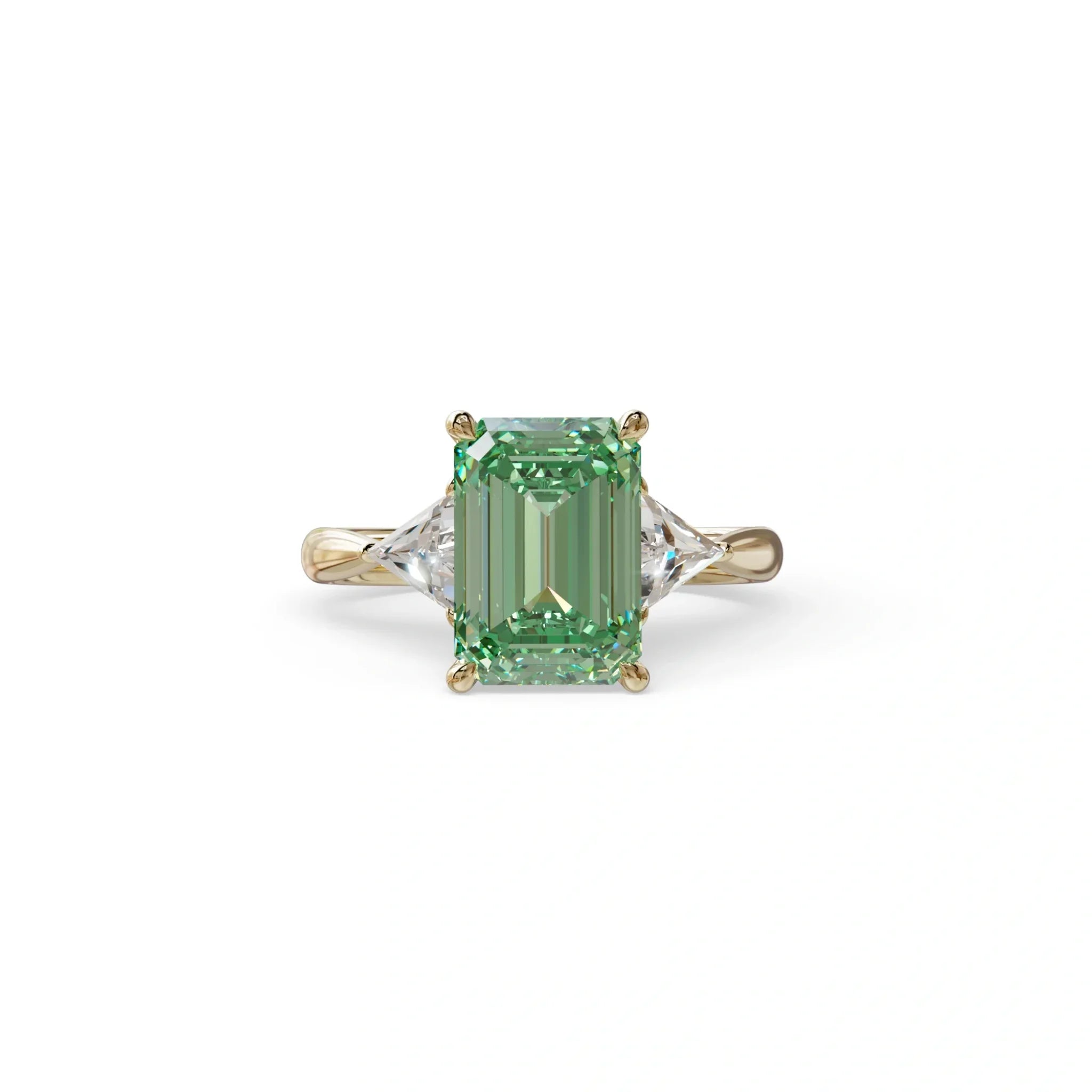 3Ct Fancy Vivid Green Emerald Cut Lab Grown Diamond Three stone Engagement Ring - Polaris - 10K Solid Gold / Yellow Gold