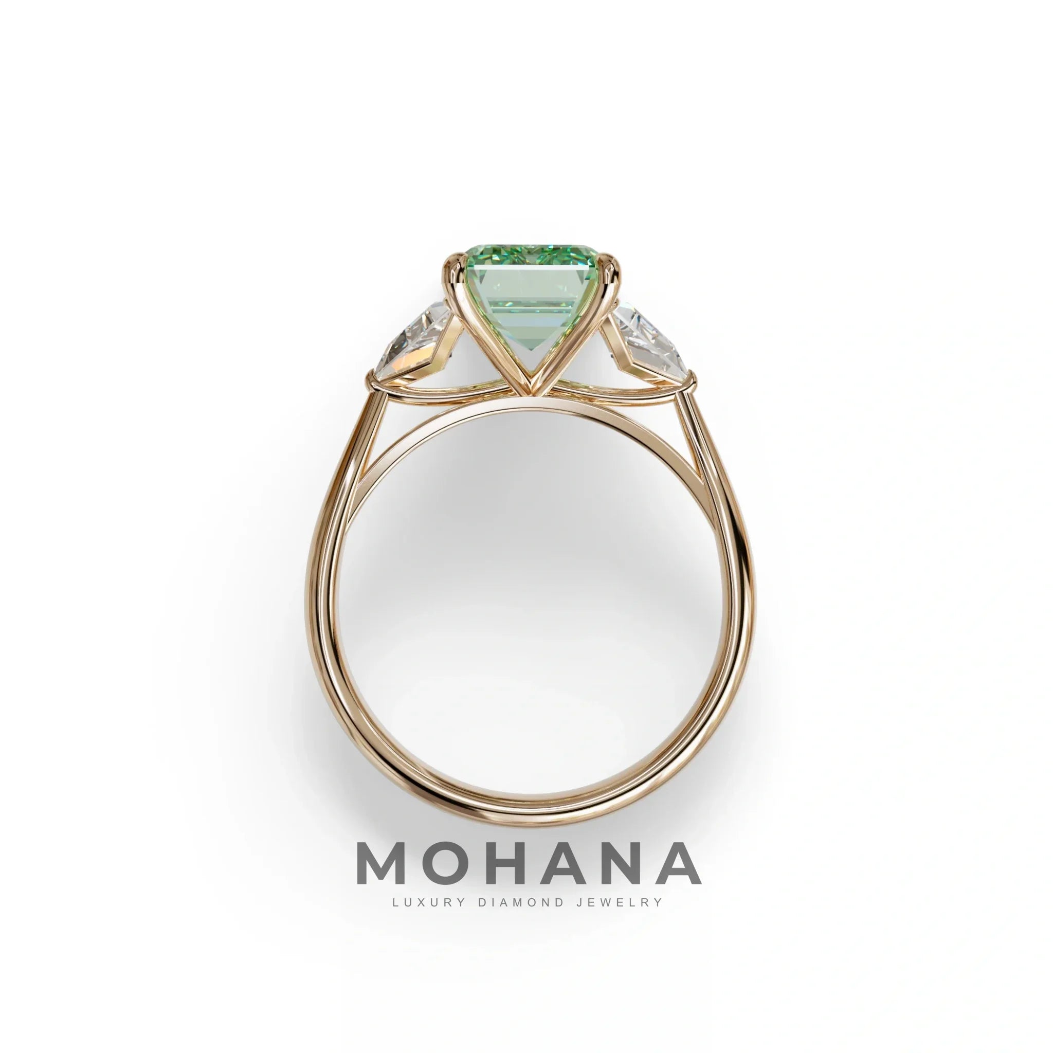 3Ct Fancy Vivid Green Emerald Cut Lab Grown Diamond Three stone Engagement Ring - Polaris