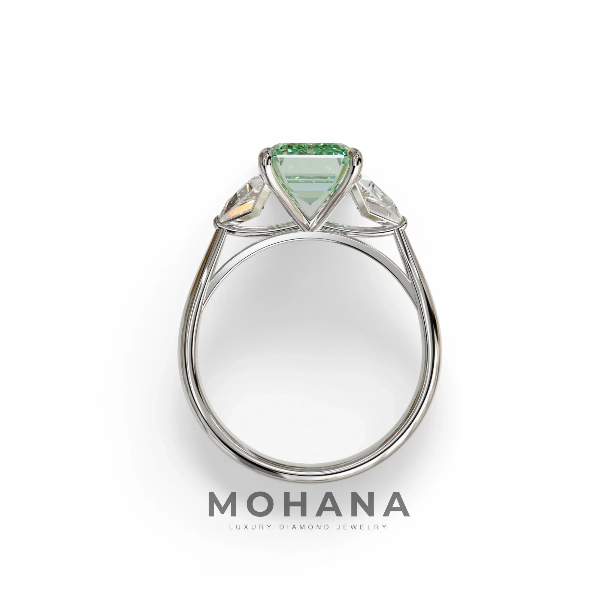 3Ct Fancy Vivid Green Emerald Cut Lab Grown Diamond Three stone Engagement Ring - Polaris