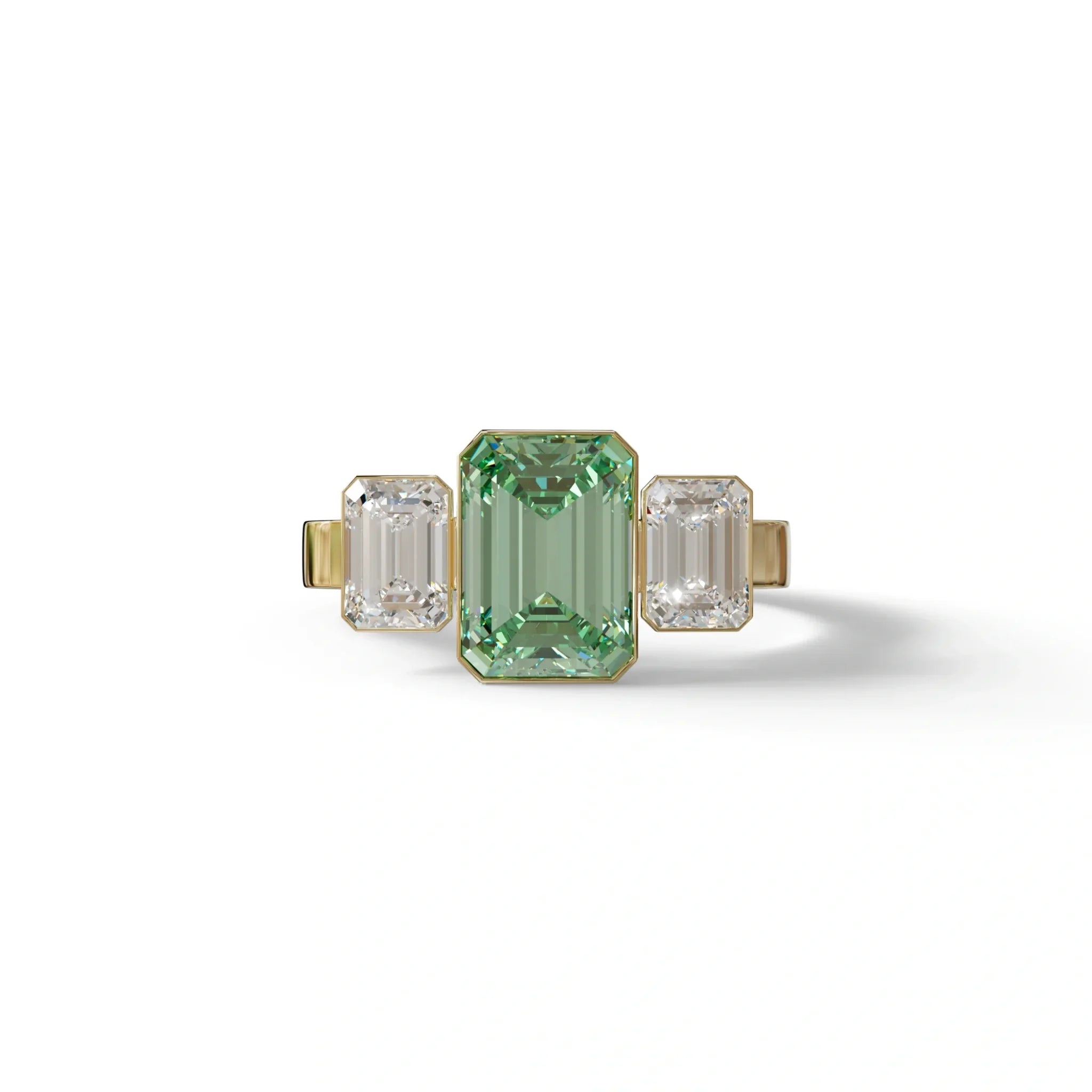 Three Stone 3 Carat Emerald cut Green Lab Grown Diamond Engagement Ring - Elaris - 10K Solid Gold / Yellow Gold