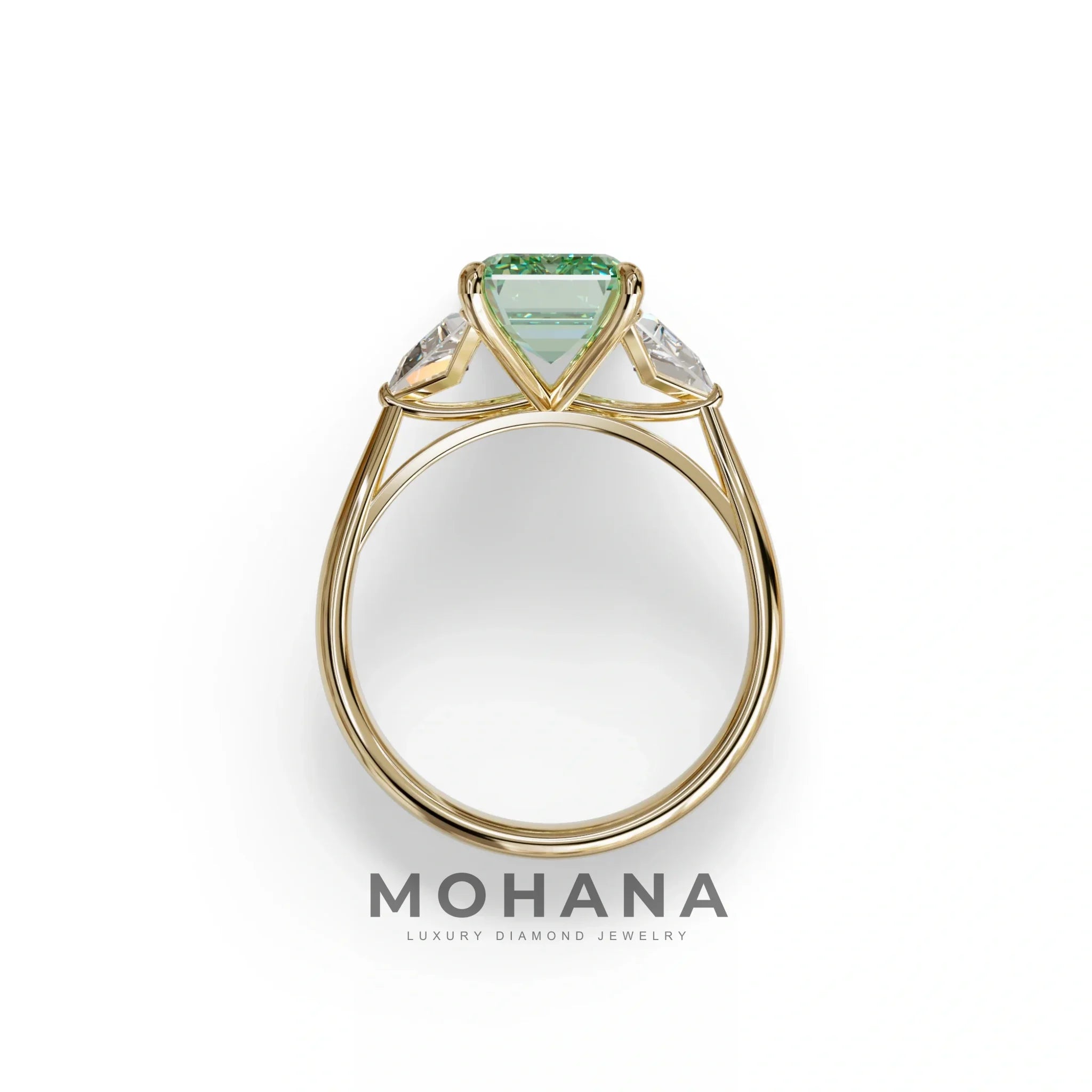 3Ct Fancy Vivid Green Emerald Cut Lab Grown Diamond Three stone Engagement Ring - Polaris