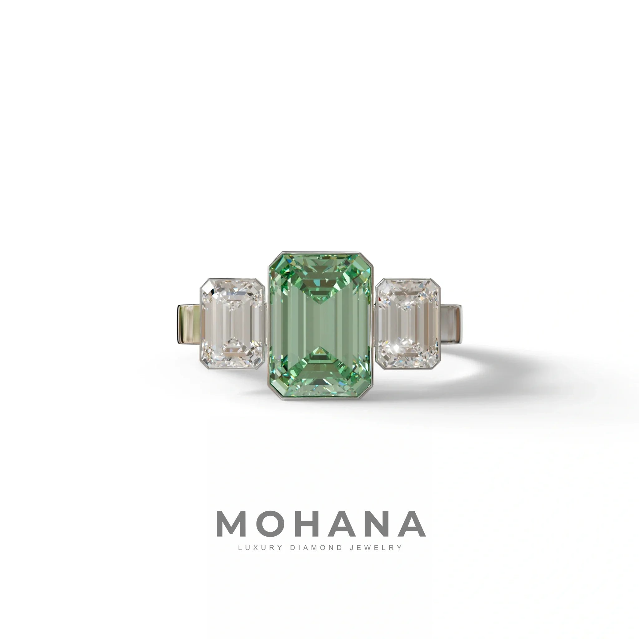Three Stone 3 Carat Emerald cut Green Lab Grown Diamond Engagement Ring - Elaris - 10K Solid Gold / White Gold