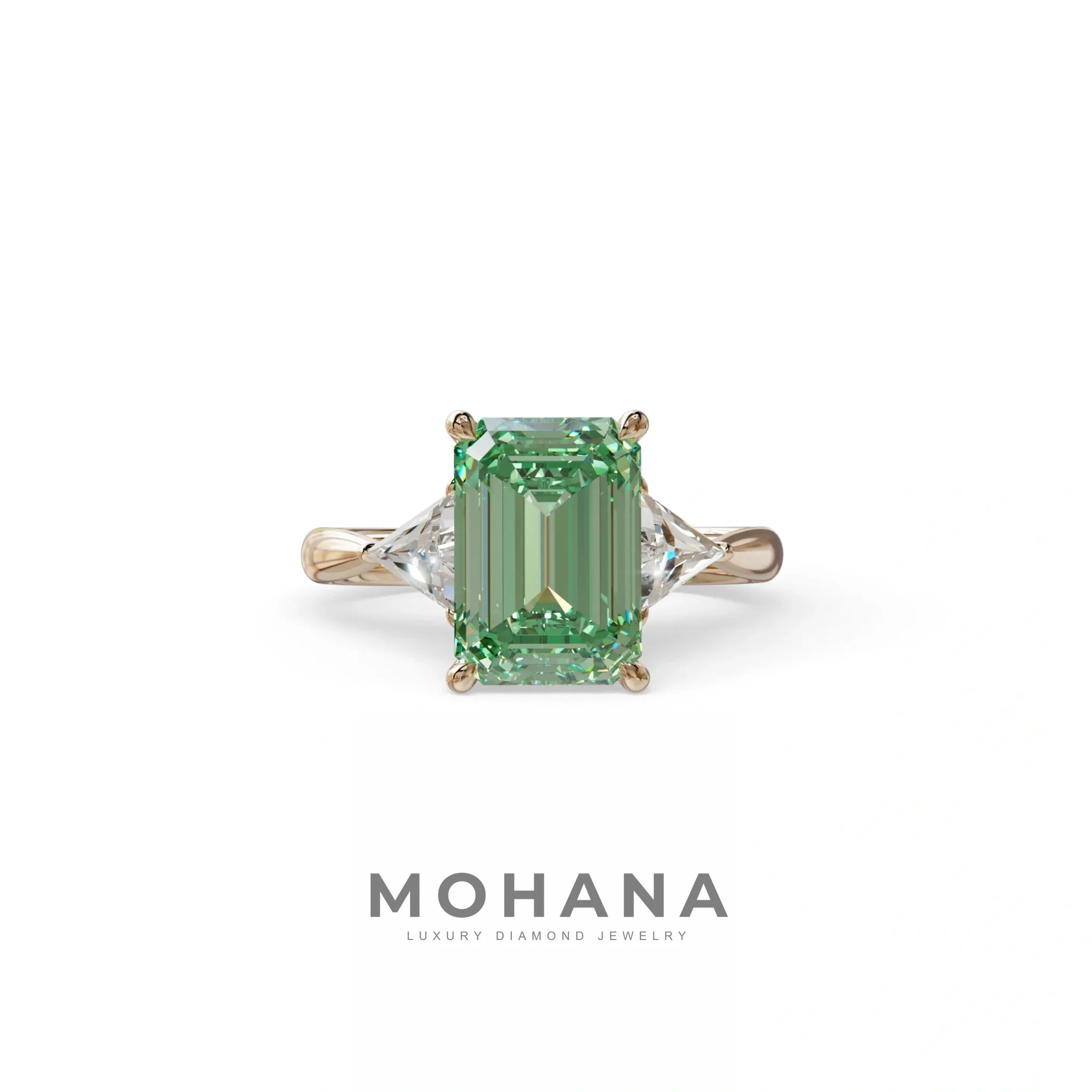 3Ct Fancy Vivid Green Emerald Cut Lab Grown Diamond Three stone Engagement Ring - Polaris - 10K Solid Gold / Rose Gold