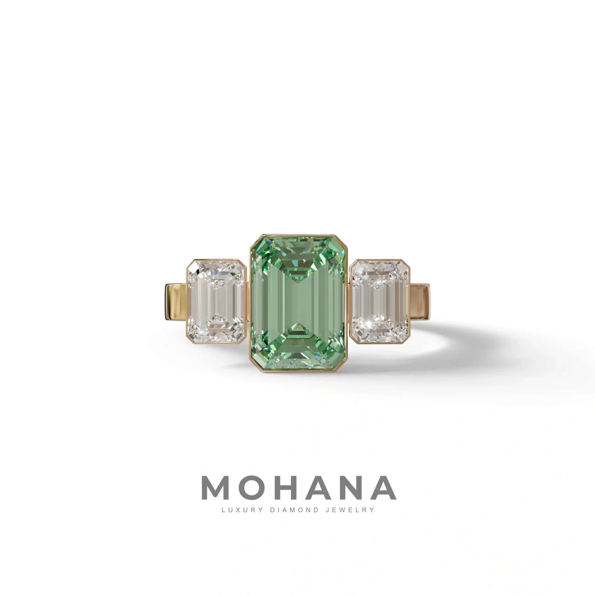 Three Stone 3 Carat Emerald cut Green Lab Grown Diamond Engagement Ring - Elaris - 10K Solid Gold / Rose Gold