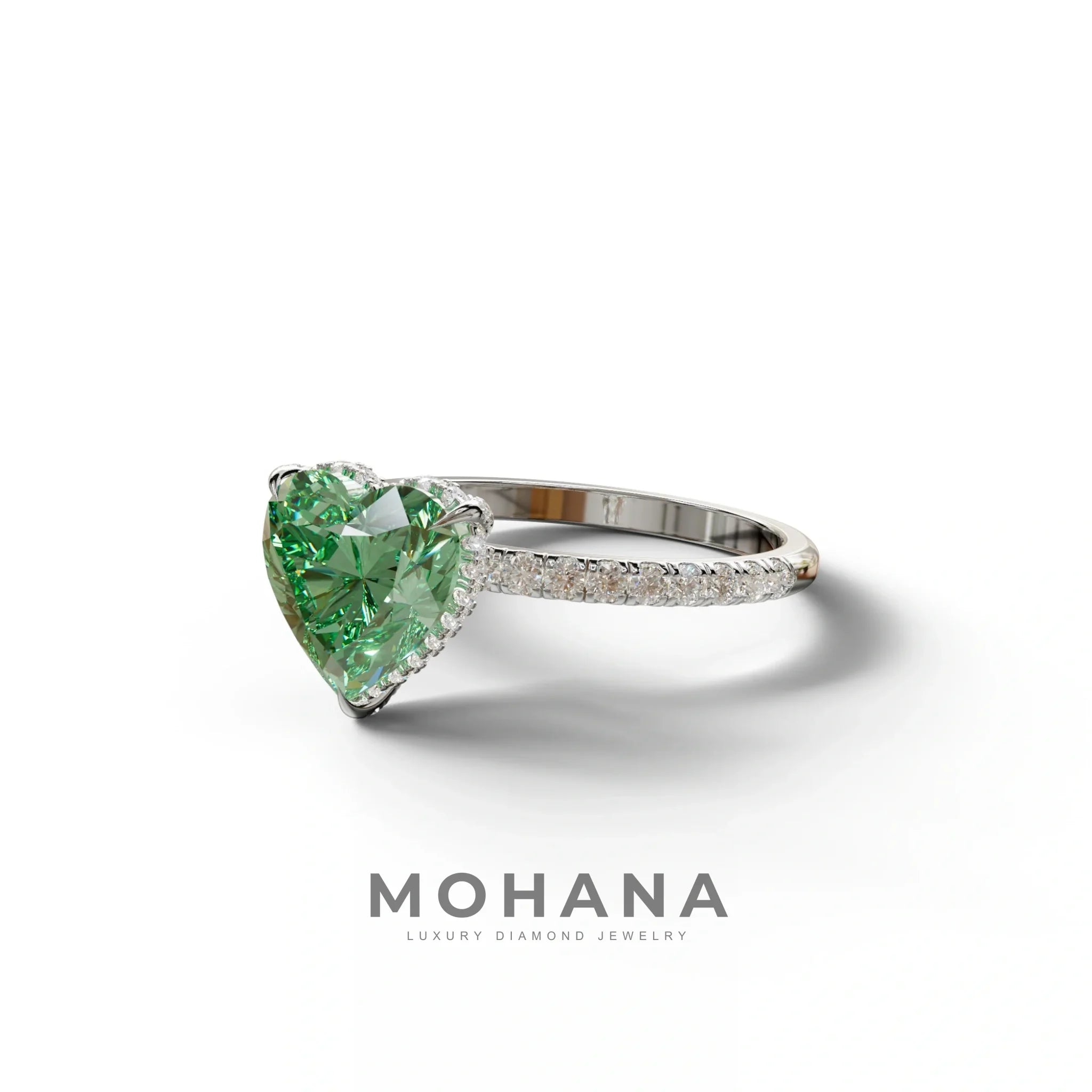 Green 3 Carat Heart Cut Hidden Halo & Pavé Setting Engagement Ring