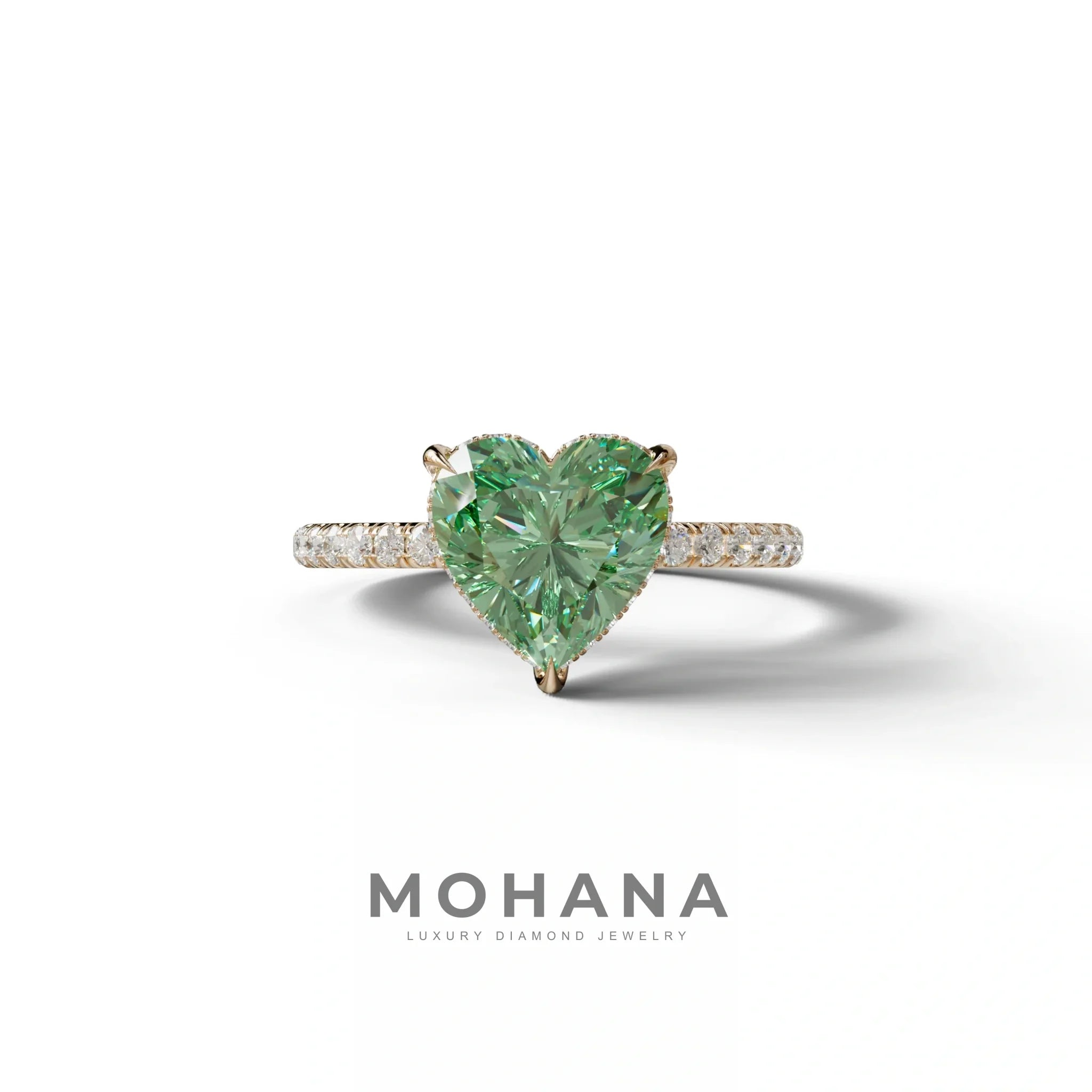 Green 3 Carat Heart Cut Hidden Halo & Pavé Setting Engagement Ring - 10K Solid Gold / Rose Gold