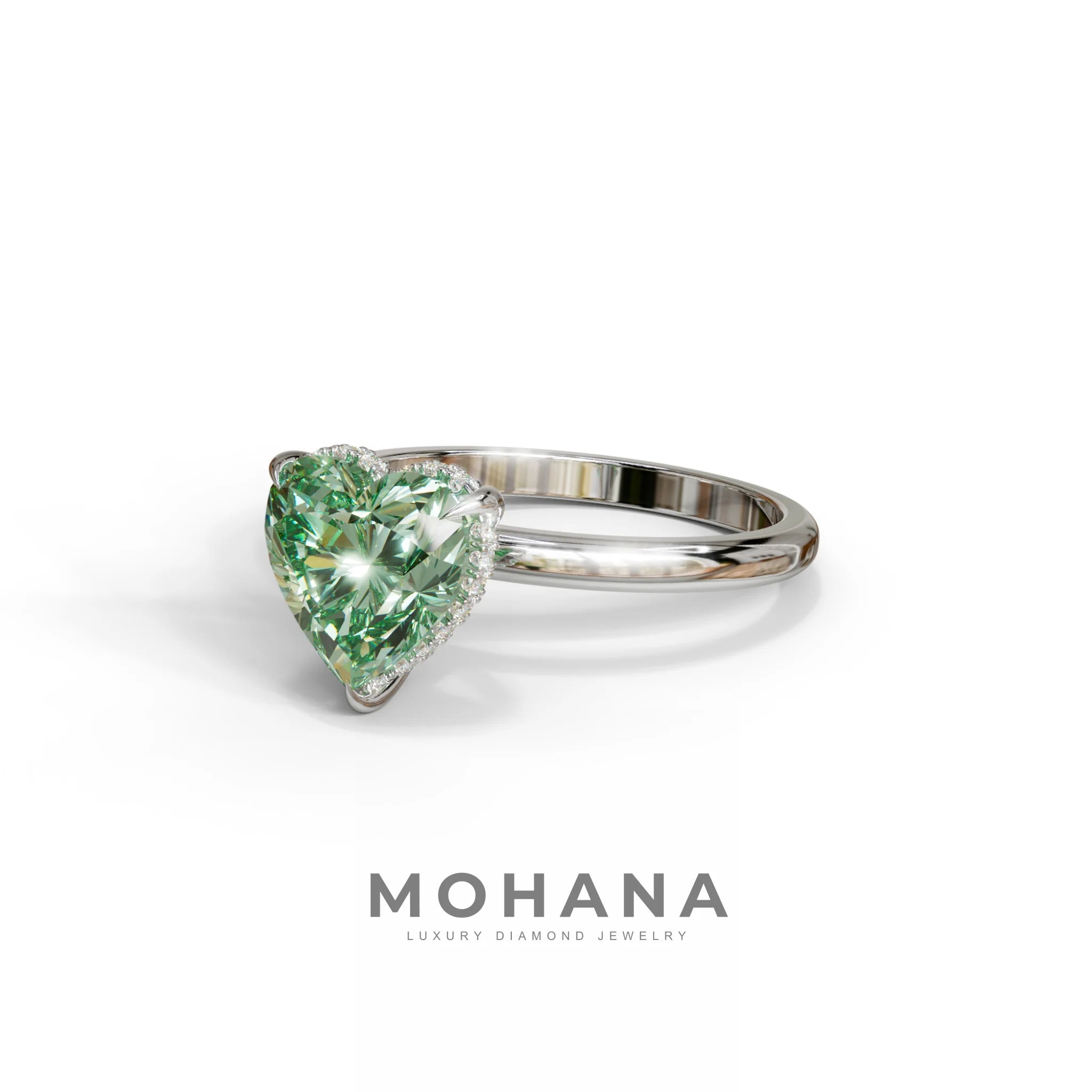 3 Carat Green Heart Cut Hidden Halo Set Lab Grown Diamond Engagement Ring