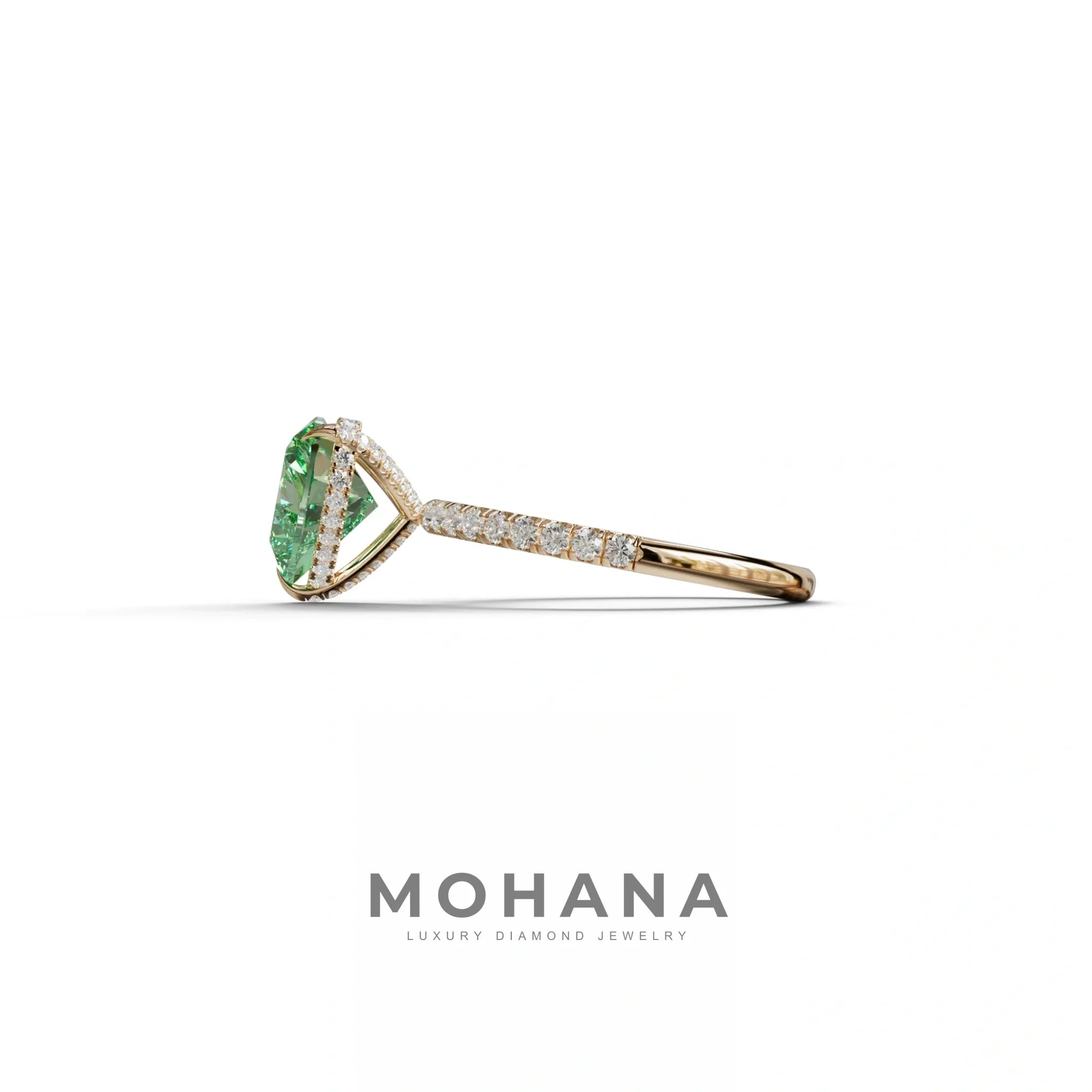Green 3 Carat Heart Cut Hidden Halo & Pavé Setting Engagement Ring