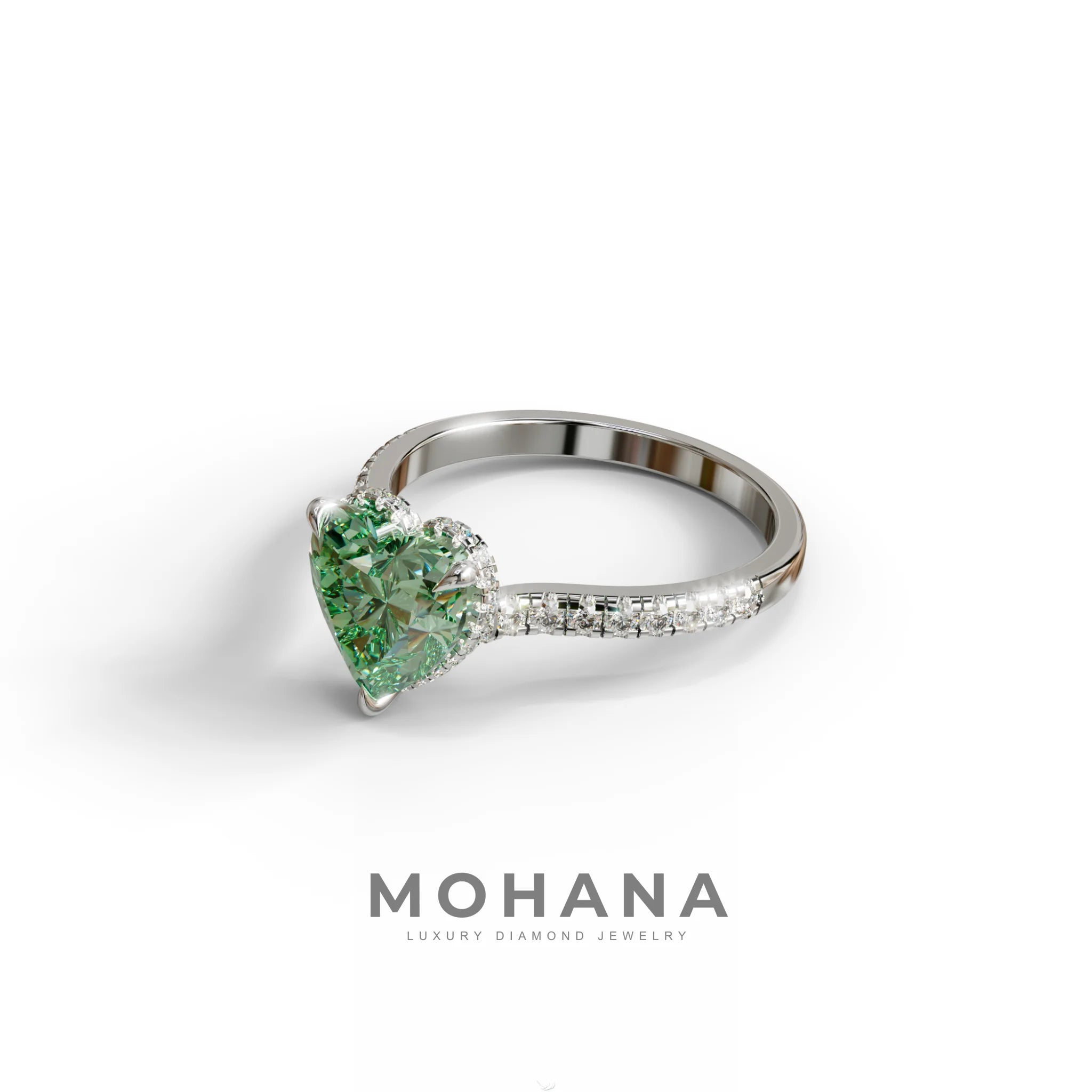 Fancy Vivid Green Heart Cut Lab Diamond Ring – Pavé Band | 10K 14K 18K Gold & Platinum