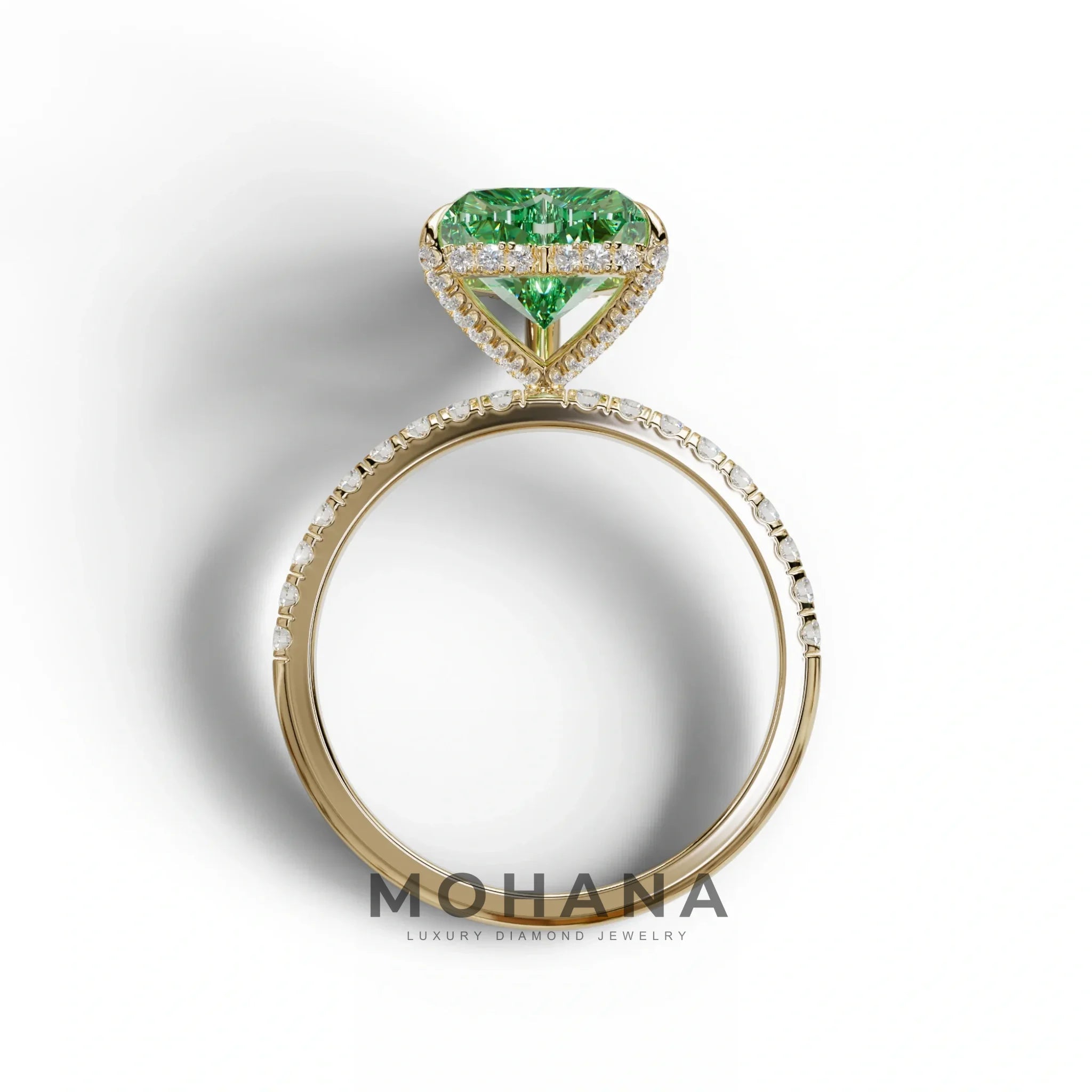 Green 3 Carat Heart Cut Hidden Halo & Pavé Setting Engagement Ring