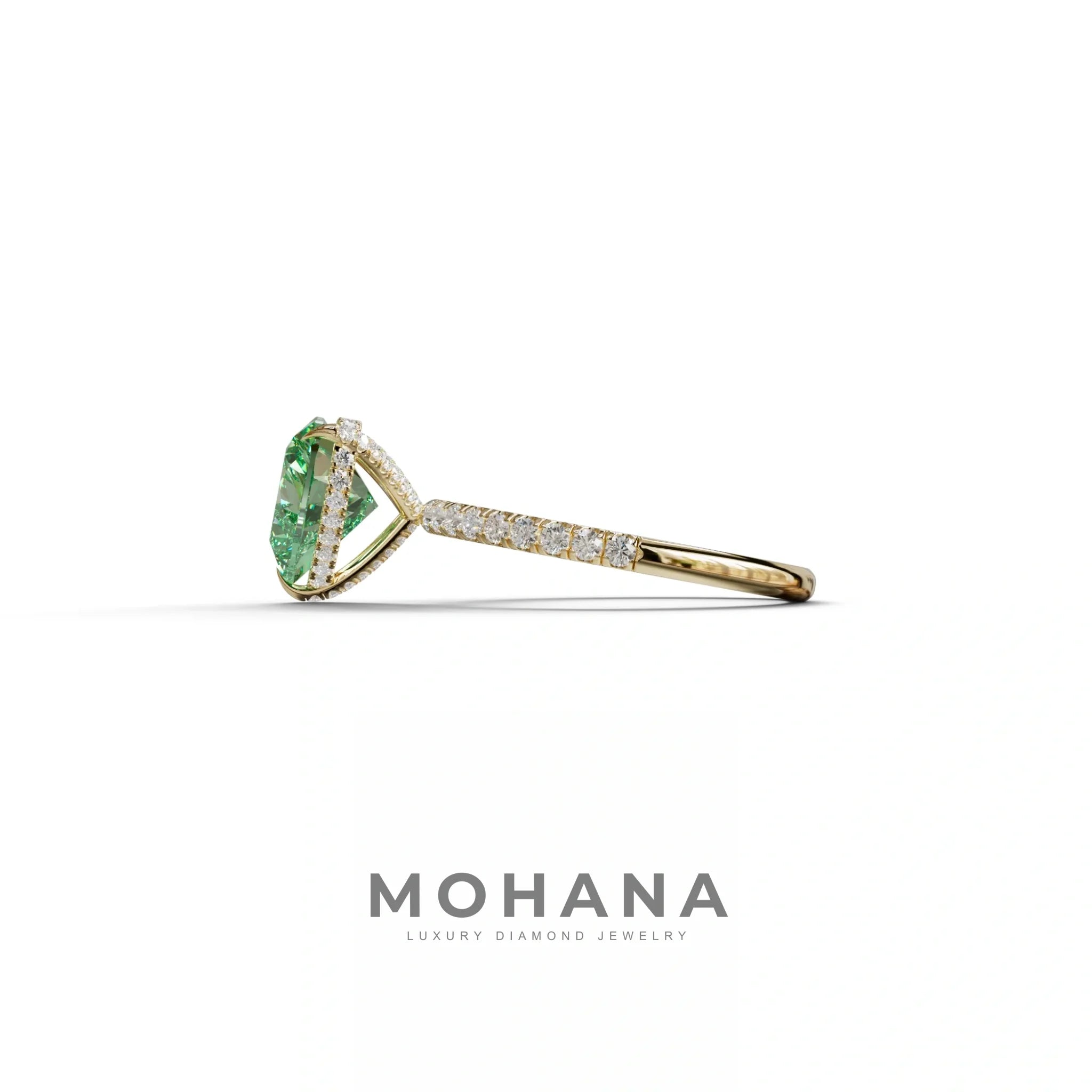 Green 3 Carat Heart Cut Hidden Halo & Pavé Setting Engagement Ring
