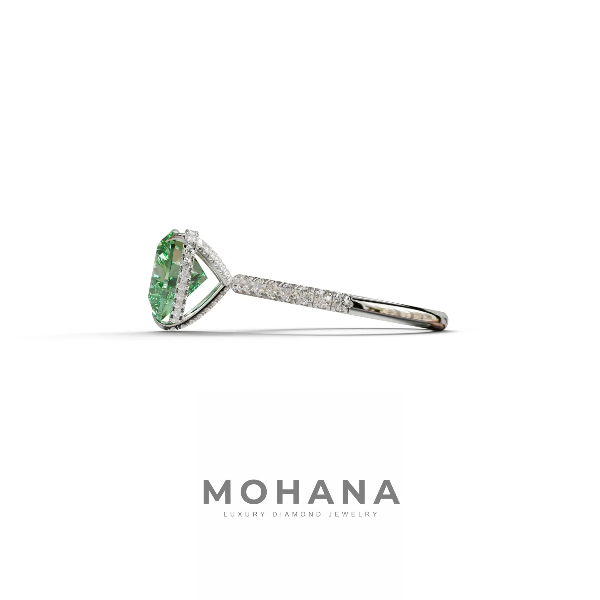 Green 3 Carat Heart Cut Hidden Halo & Pavé Setting Engagement Ring