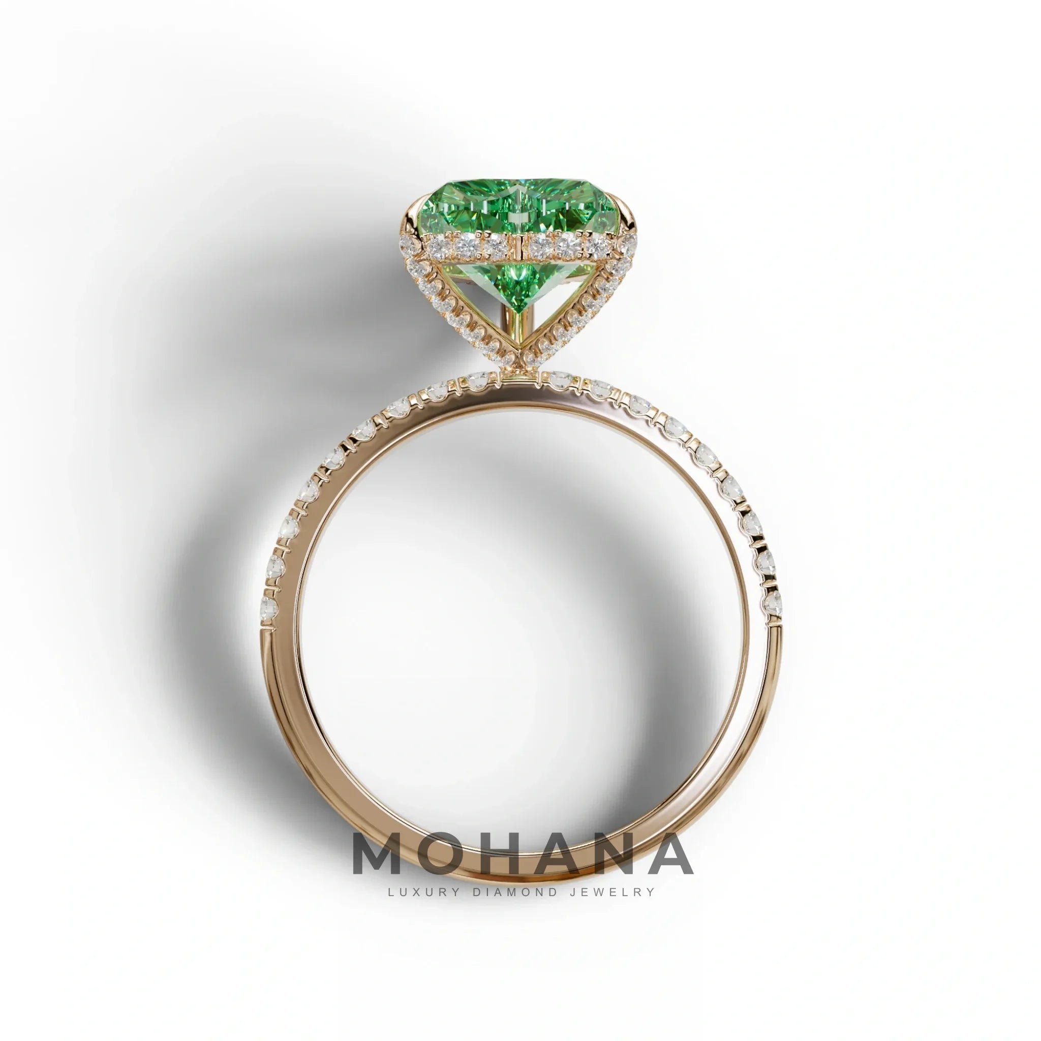 Green 3 Carat Heart Cut Hidden Halo & Pavé Setting Engagement Ring